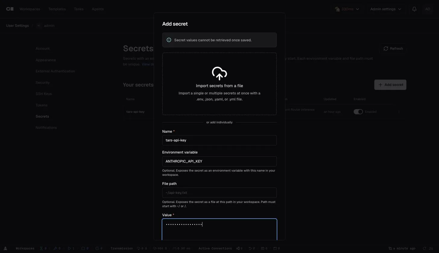 Add secret dialog with name tars-api-key and environment variable ANTHROPIC_API_KEY