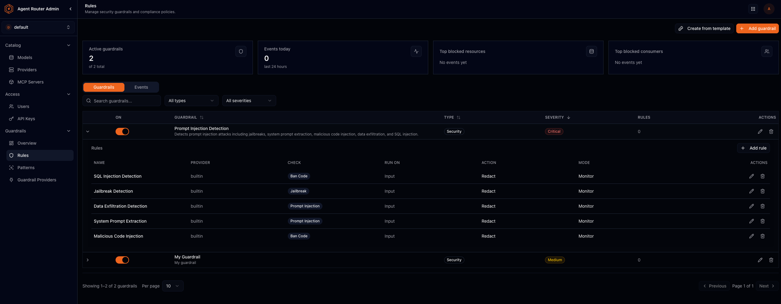 Rules page with a guardrail expanded to show nested rules (provider, check, action, mode)
