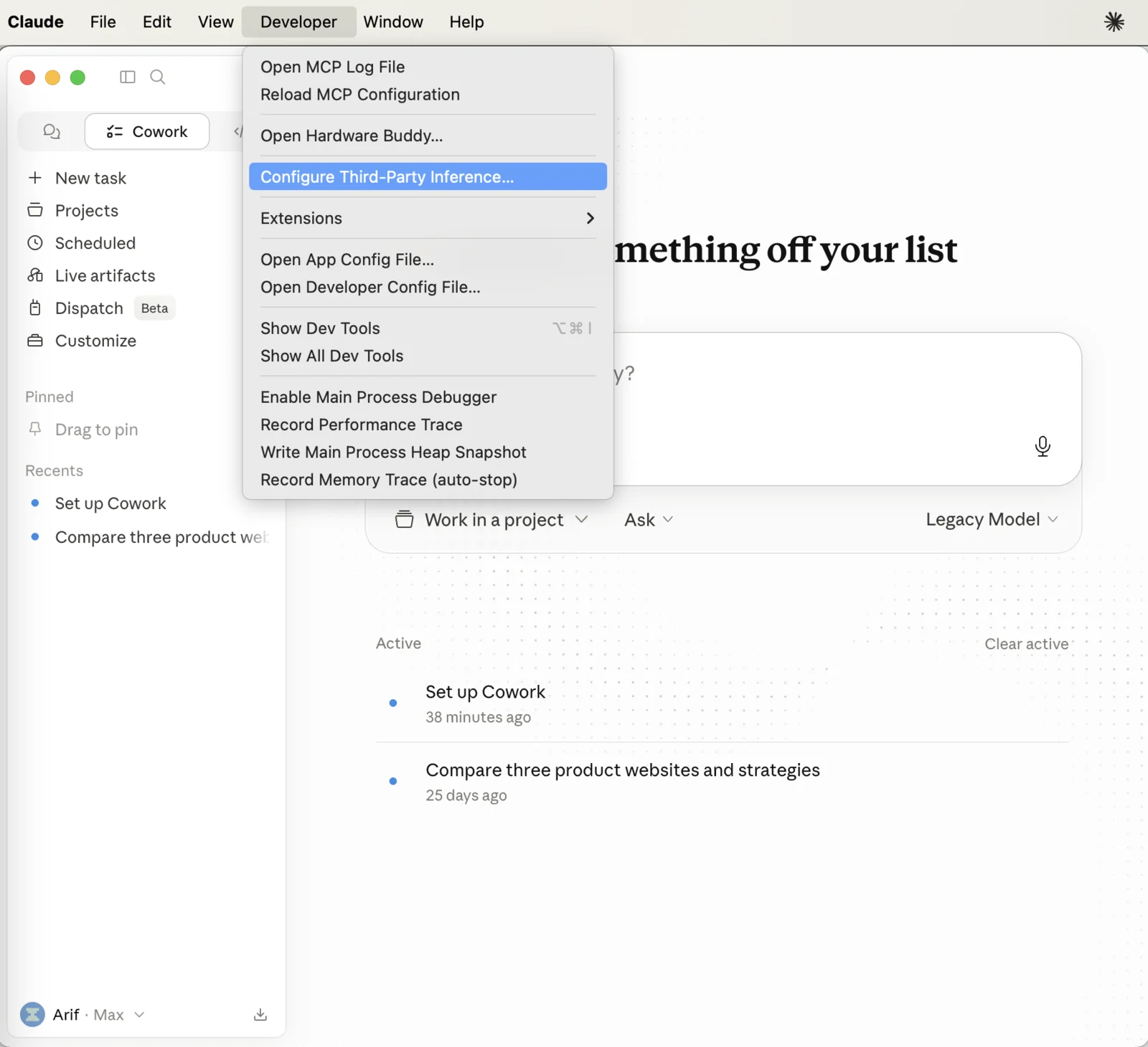 Open Configure Third-Party Inference from the Developer menu