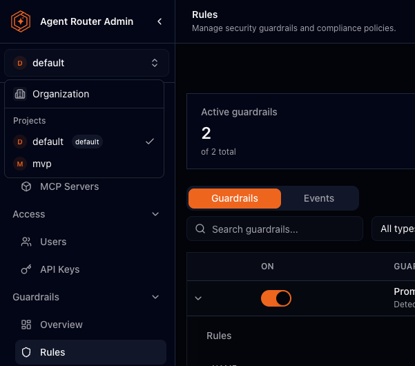 The project selector open, showing an Organisation entry above a Projects section listing the default and mvp projects