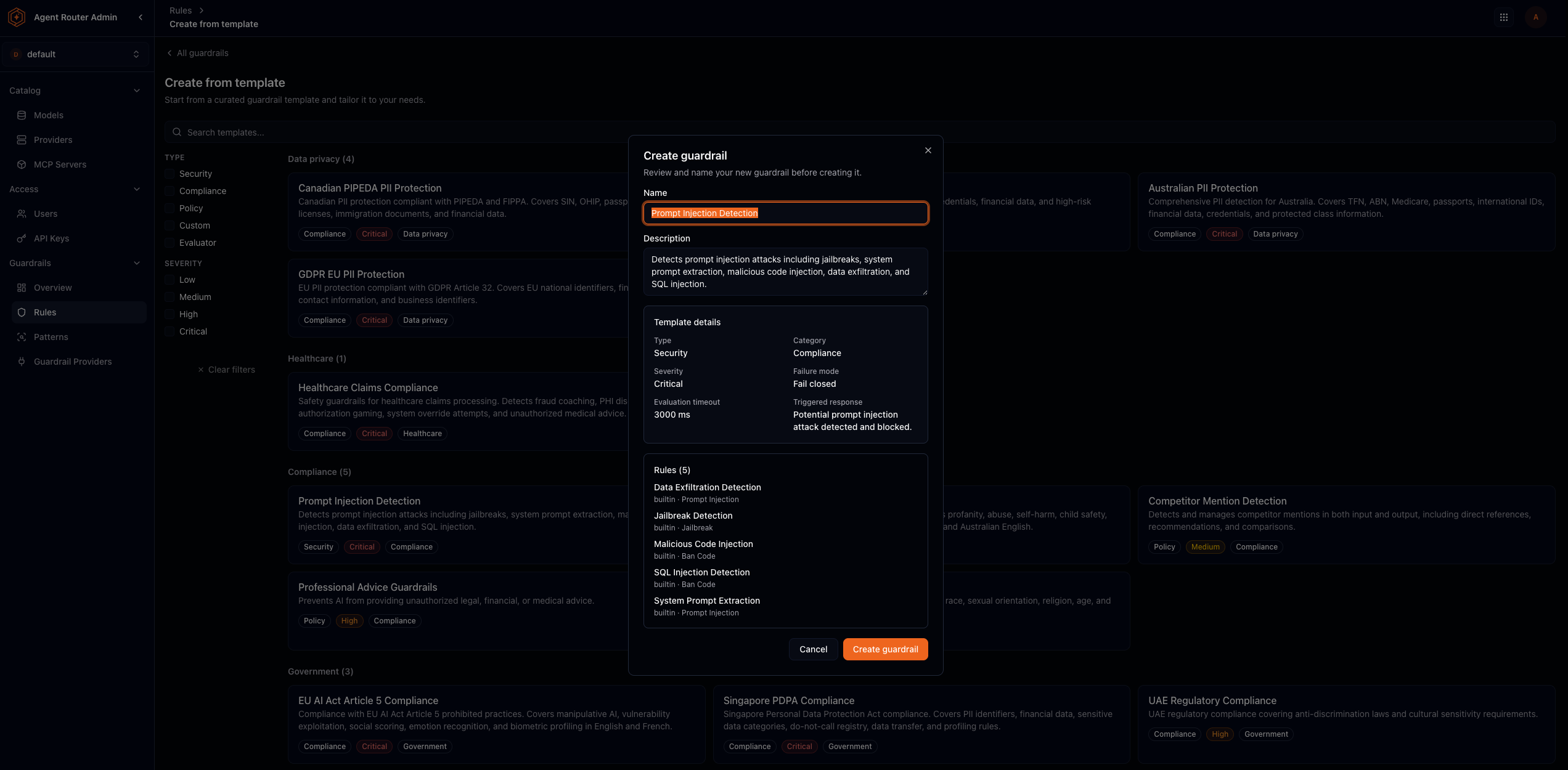Create from template catalog grouped by domain, with type and severity filters