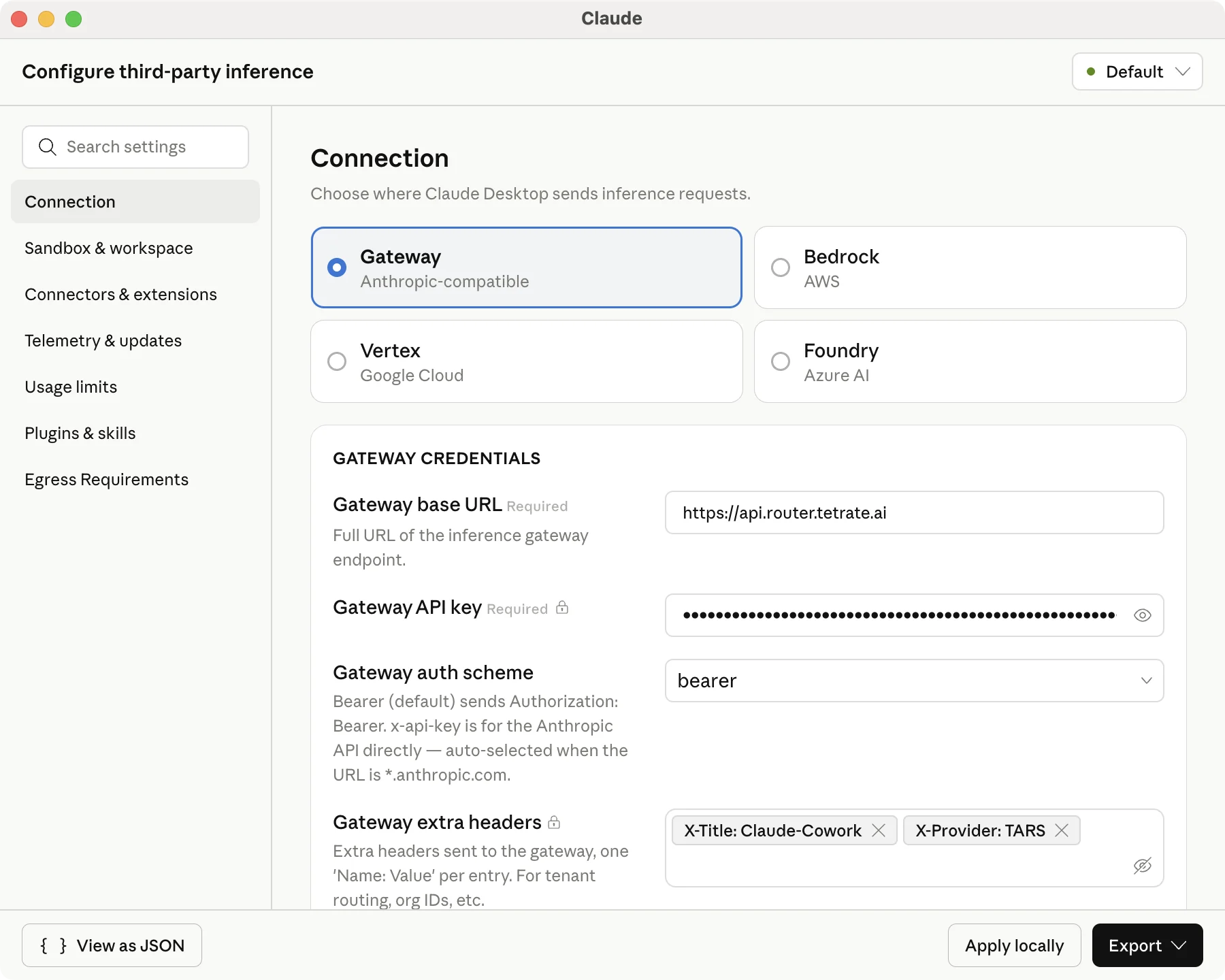 Fill the Claude Cowork gateway form with Agent Router settings