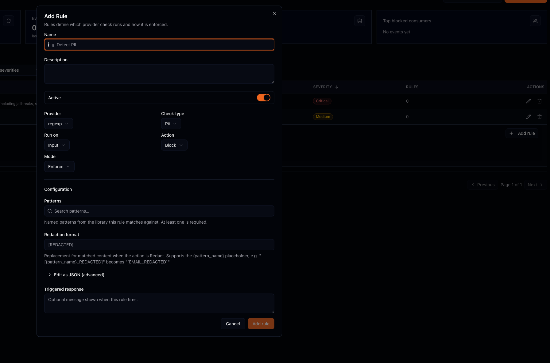 The Add Rule form with Provider set to regexp and Check type set to PII, where the Configuration section shows a Patterns picker and a Redaction format field
