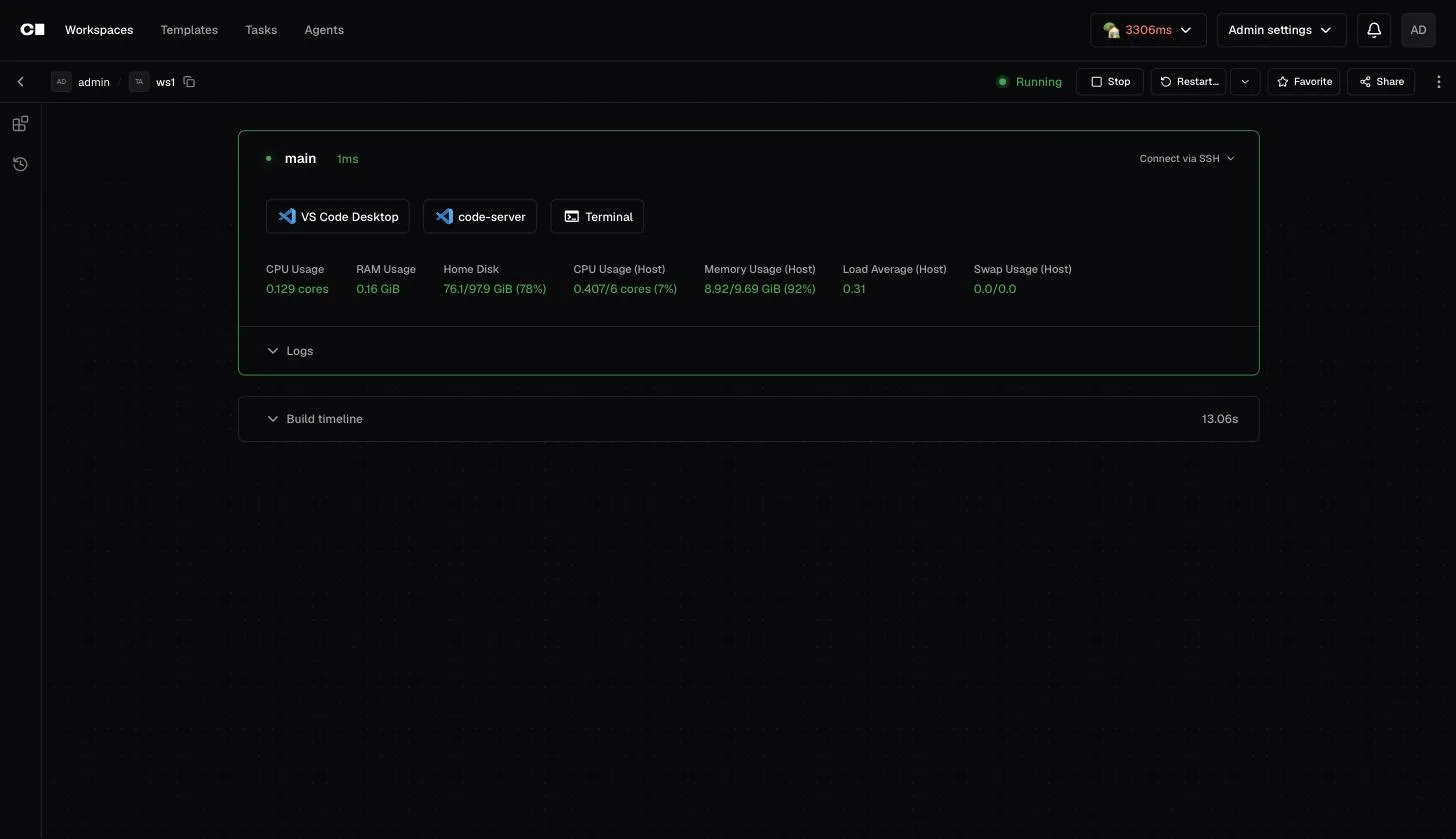 A running Coder workspace built from the updated template