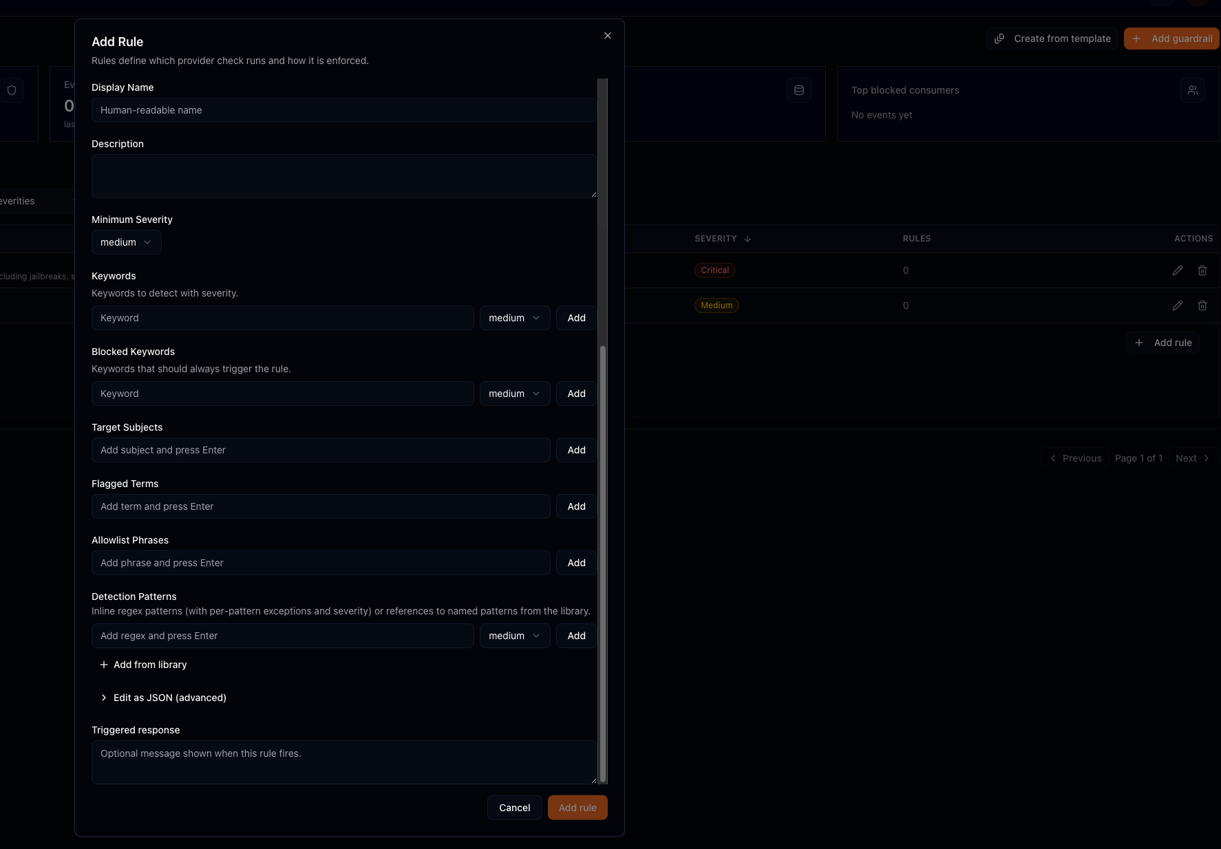 The Add Rule form with Provider set to builtin, where the Configuration section shows Category Name, Minimum Severity, Keywords, Blocked Keywords, Target Subjects, Flagged Terms, Allowlist Phrases, and Detection Patterns