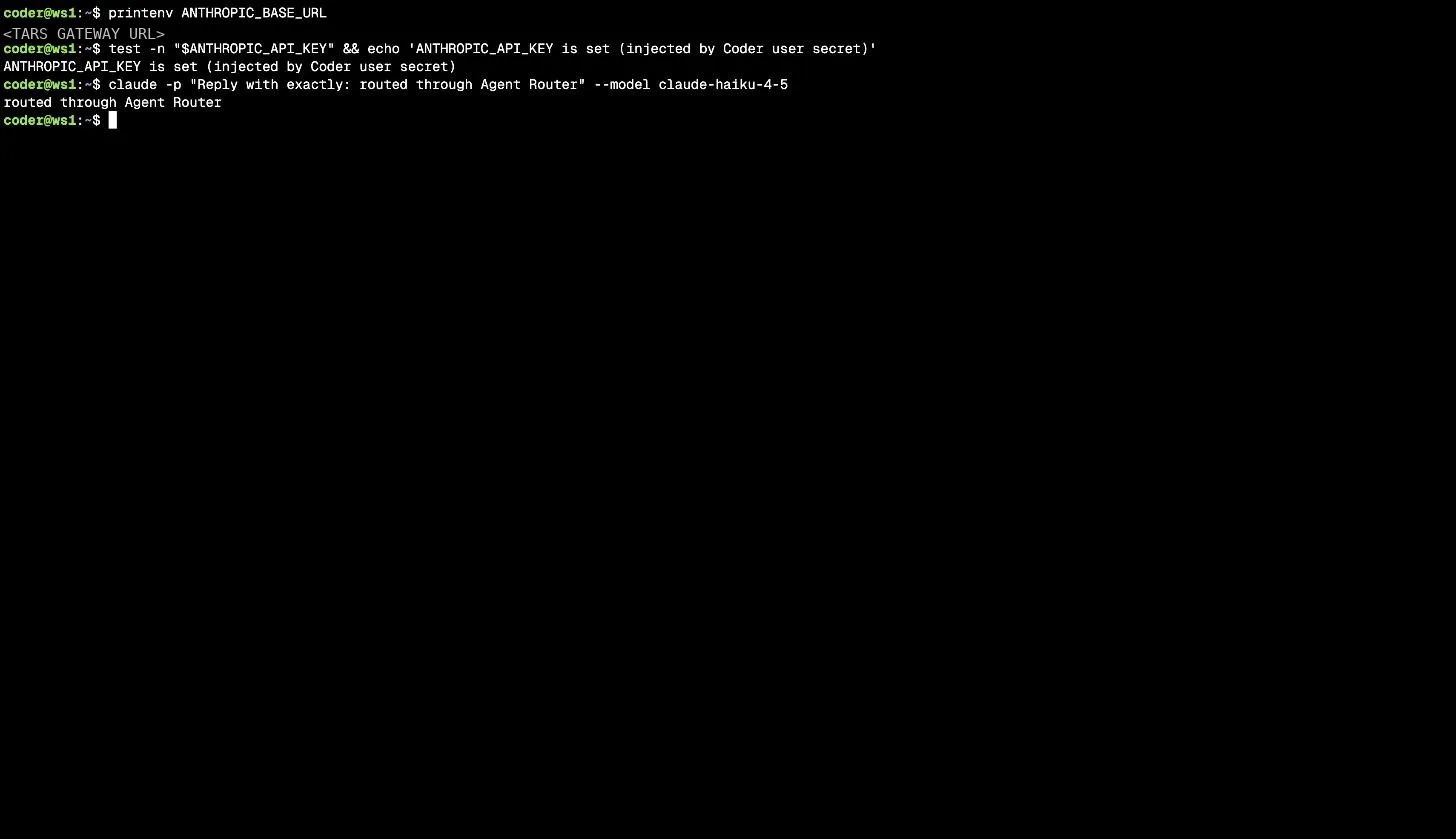 Terminal in the workspace: env vars injected and Claude Code answering through Agent Router