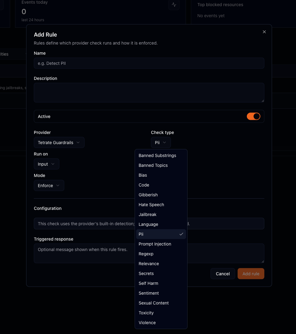 The Add Rule form with Provider set to Tetrate Guardrails and the Check type dropdown open, listing Banned Substrings, Banned Topics, Bias, Code, Gibberish, Hate Speech, Jailbreak, Language, PII, Prompt Injection, Regexp, Relevance, Secrets, Self Harm, Sentiment, Sexual Content, Toxicity, and Violence