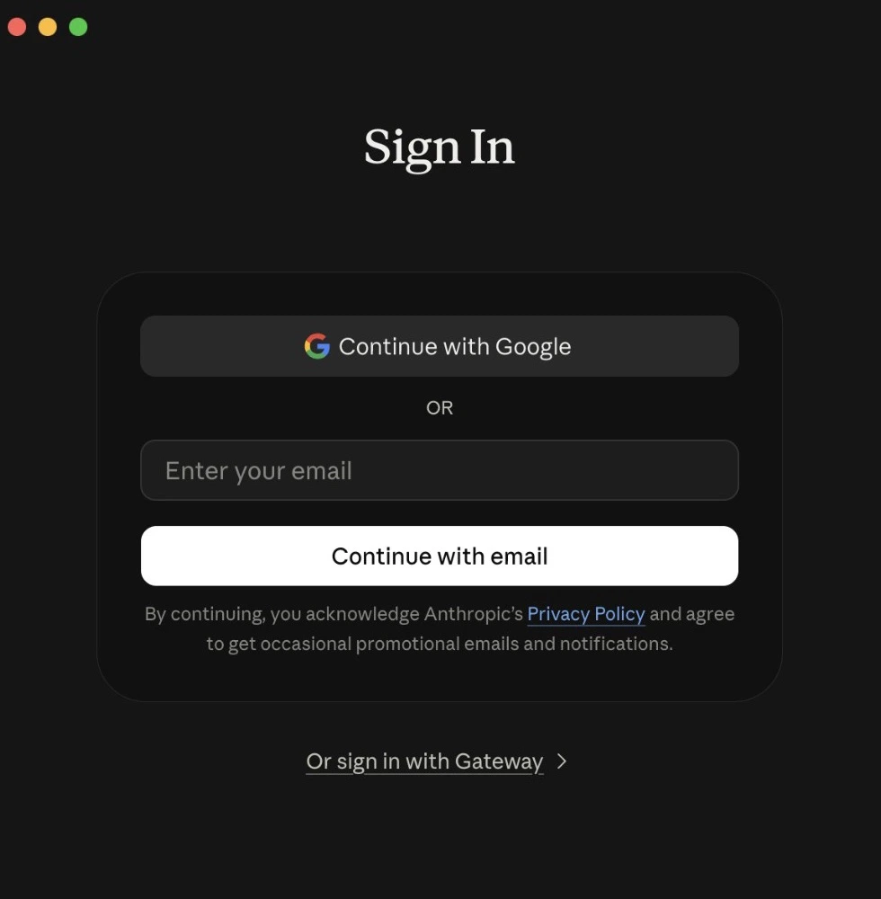 Or sign in with Gateway at the bottom of the Claude Desktop sign-in screen
