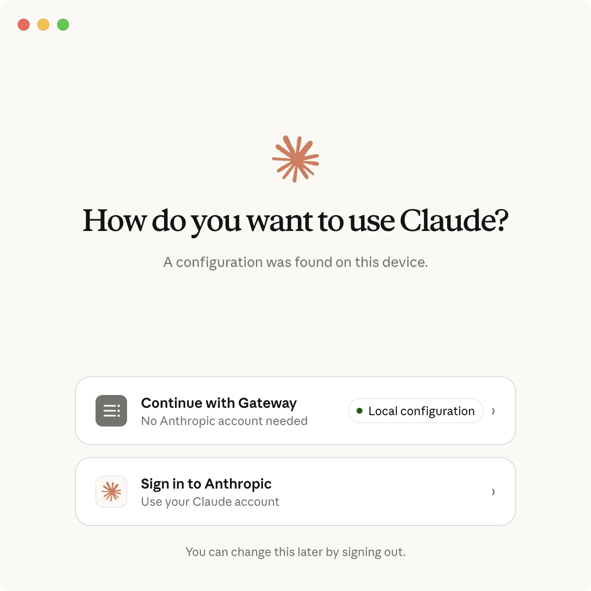 Continue with Gateway from the Claude sign-in selector