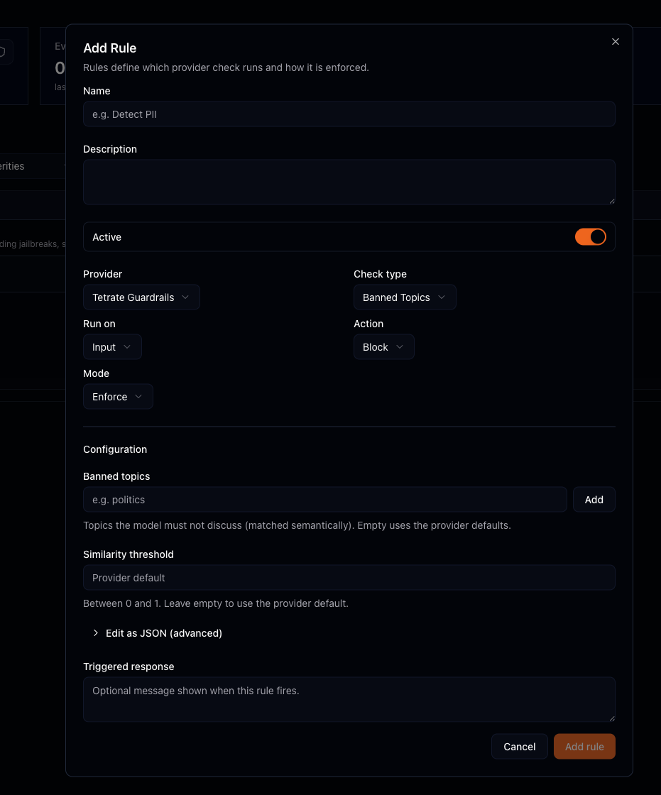 Add Rule form with Provider Tetrate Guardrails and Check type Banned Topics, showing a Banned topics list and a Similarity threshold field