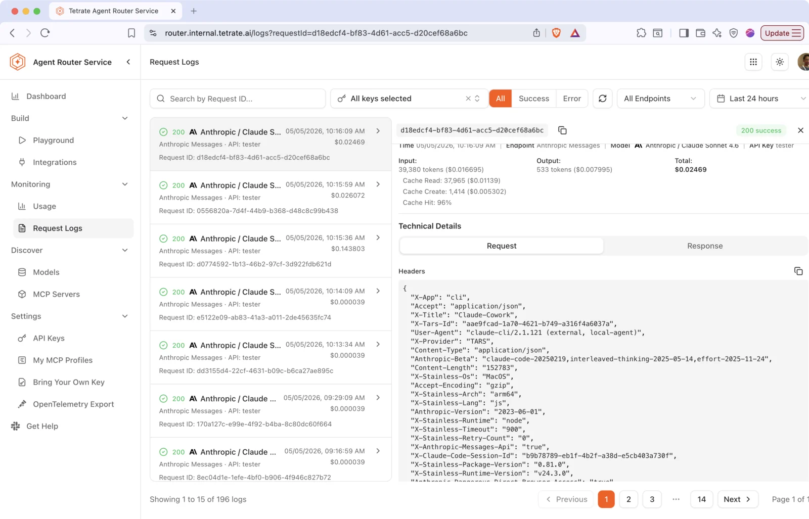 Claude Cowork request shown in the Developer Console Request Logs