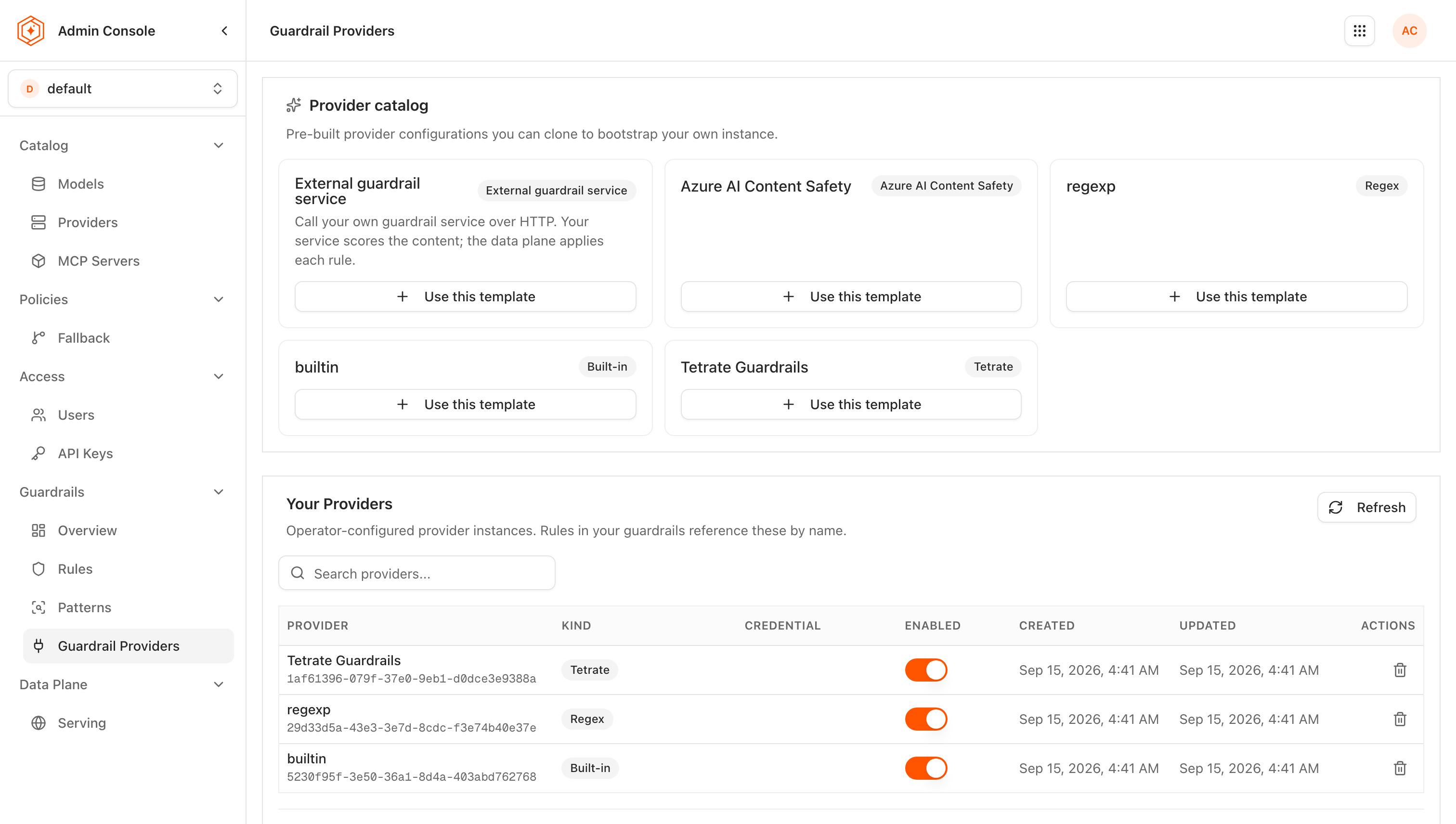 Guardrail Providers page listing regexp, builtin, and Tetrate Guardrails instances
