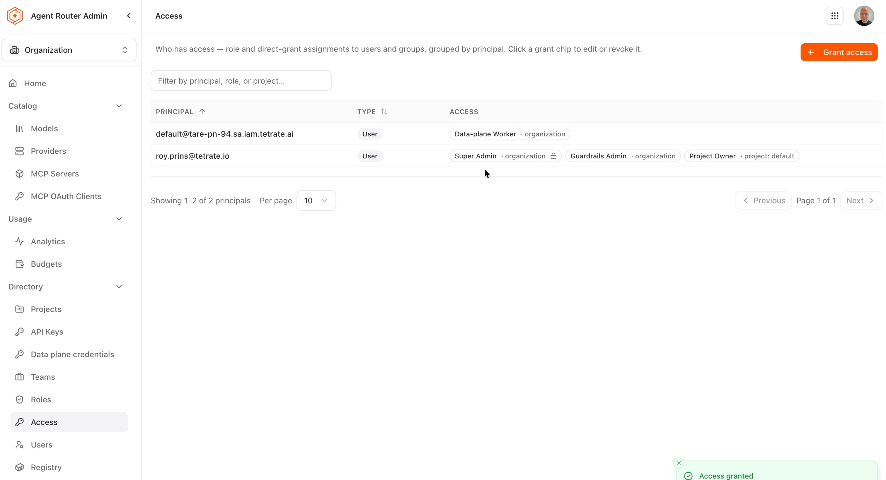 Access page showing the new Guardrails Admin grant chip