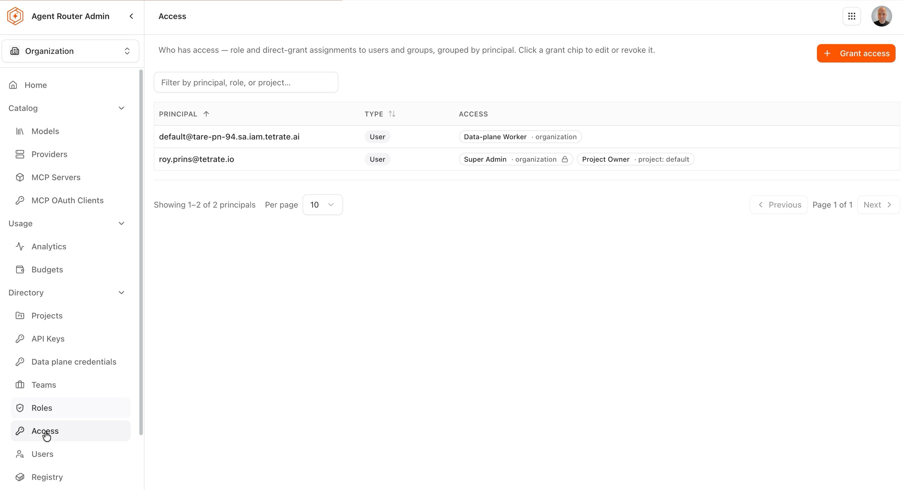 Access page listing each principal with their grant chips
