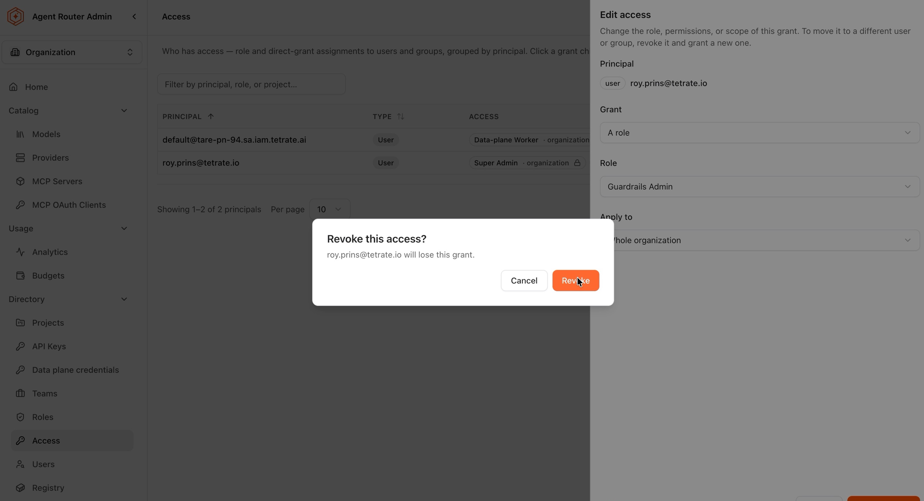 Confirmation dialog stating that the user will lose this grant