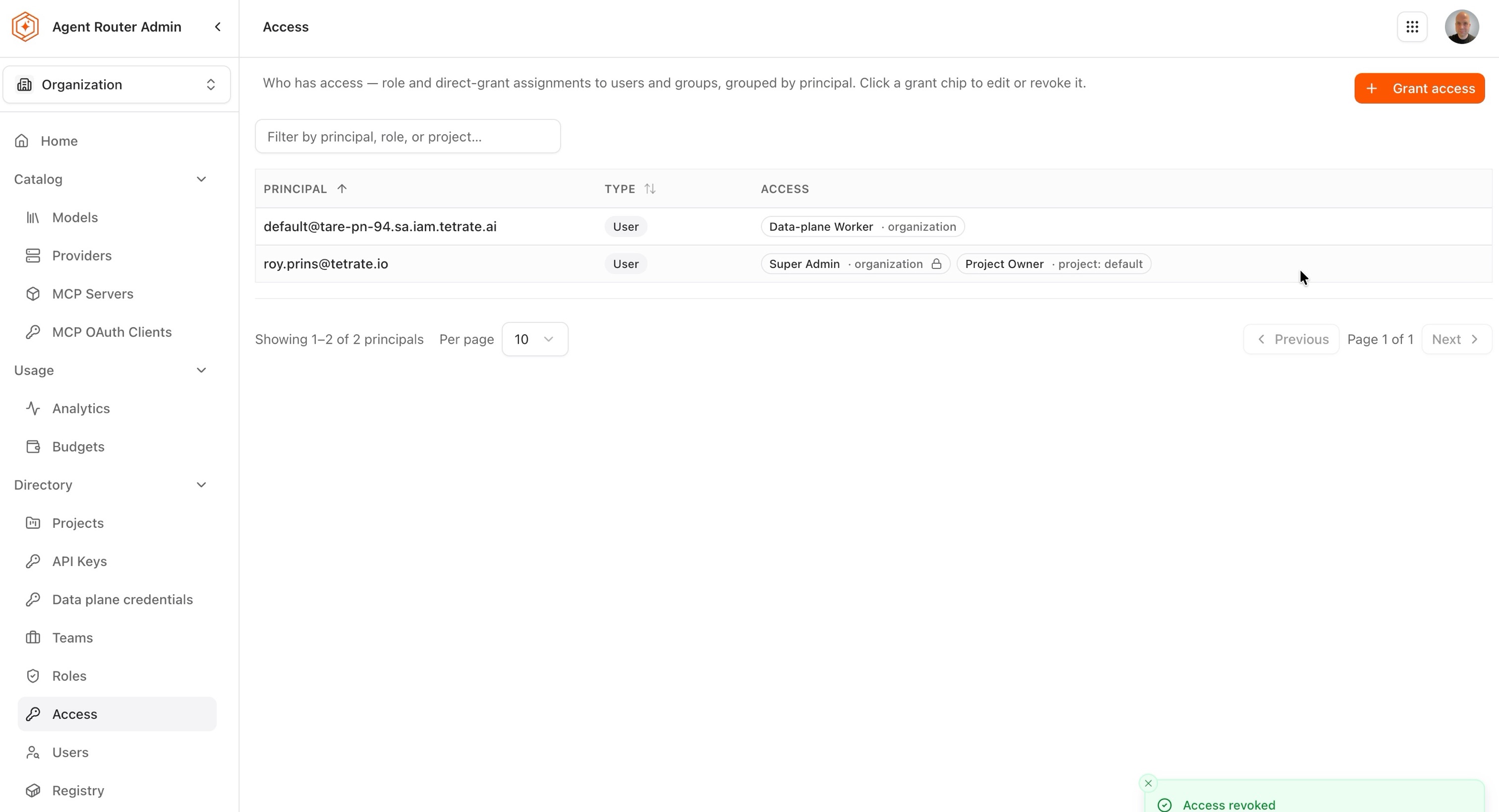 Access page after revocation, with the grant chip removed