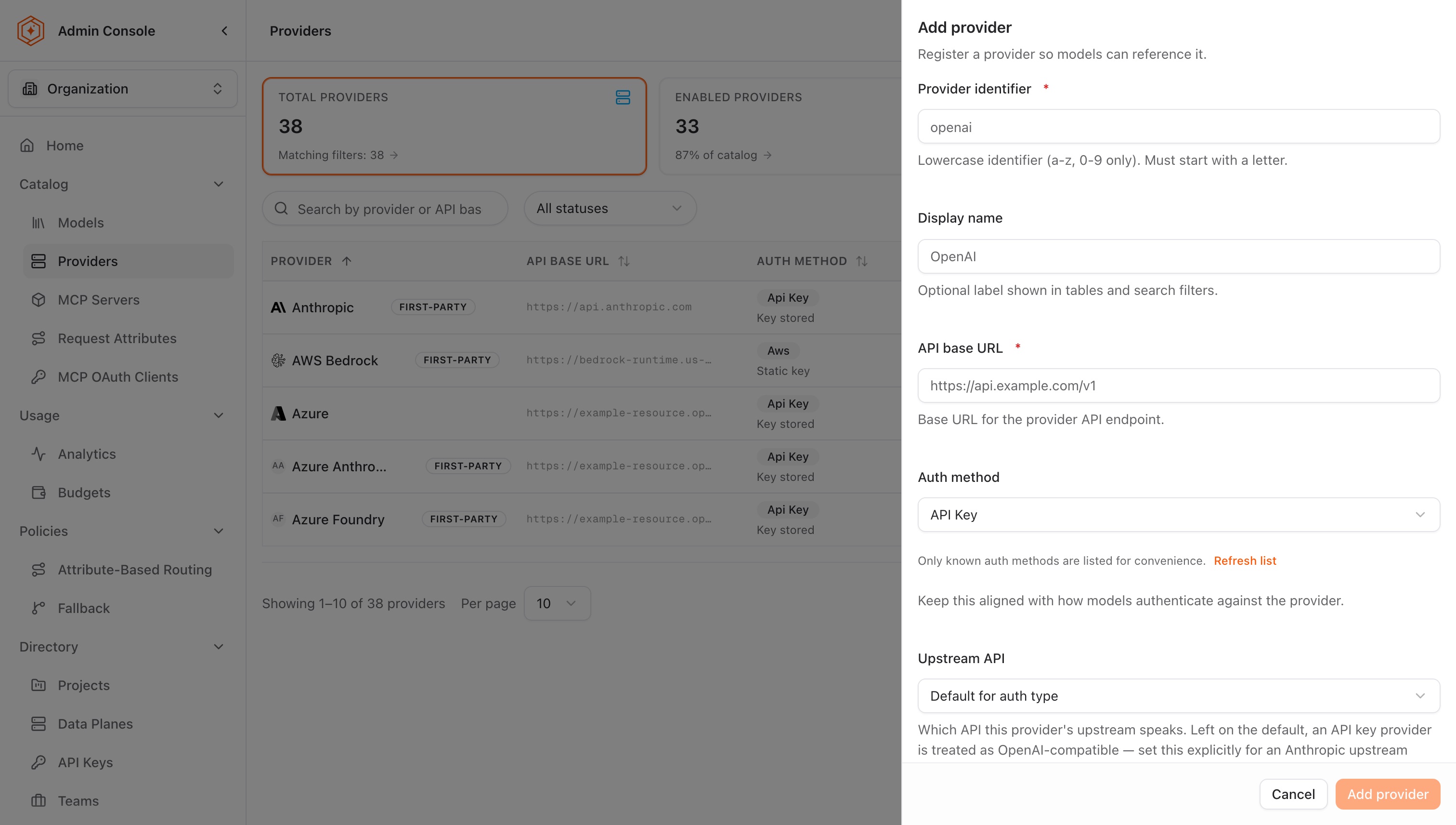 The Add provider drawer with Provider identifier, Display name, API base URL, Auth method, and Upstream API