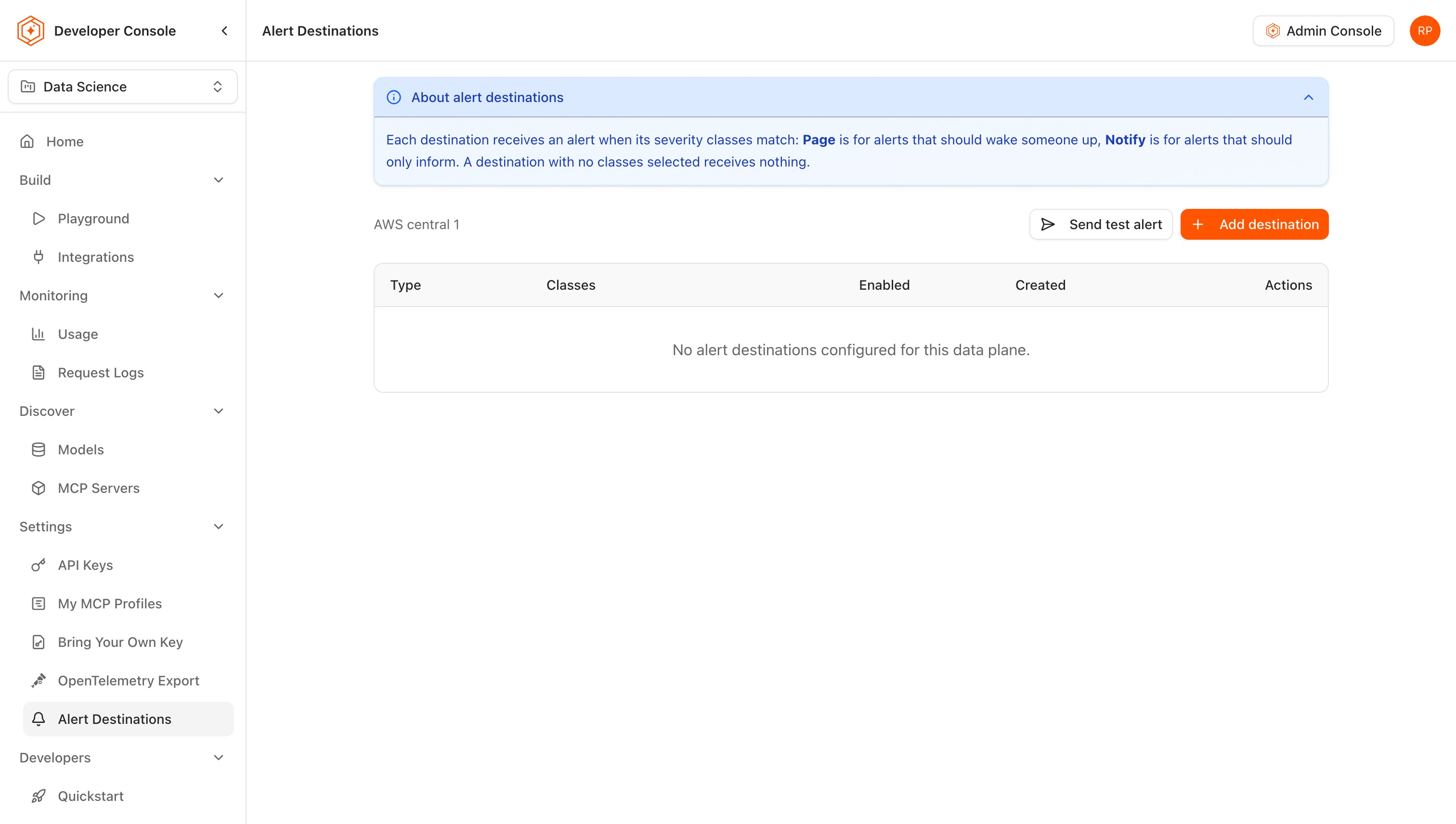 The Alert Destinations page for the AWS central 1 data plane, with the About alert destinations panel expanded and no destinations configured yet