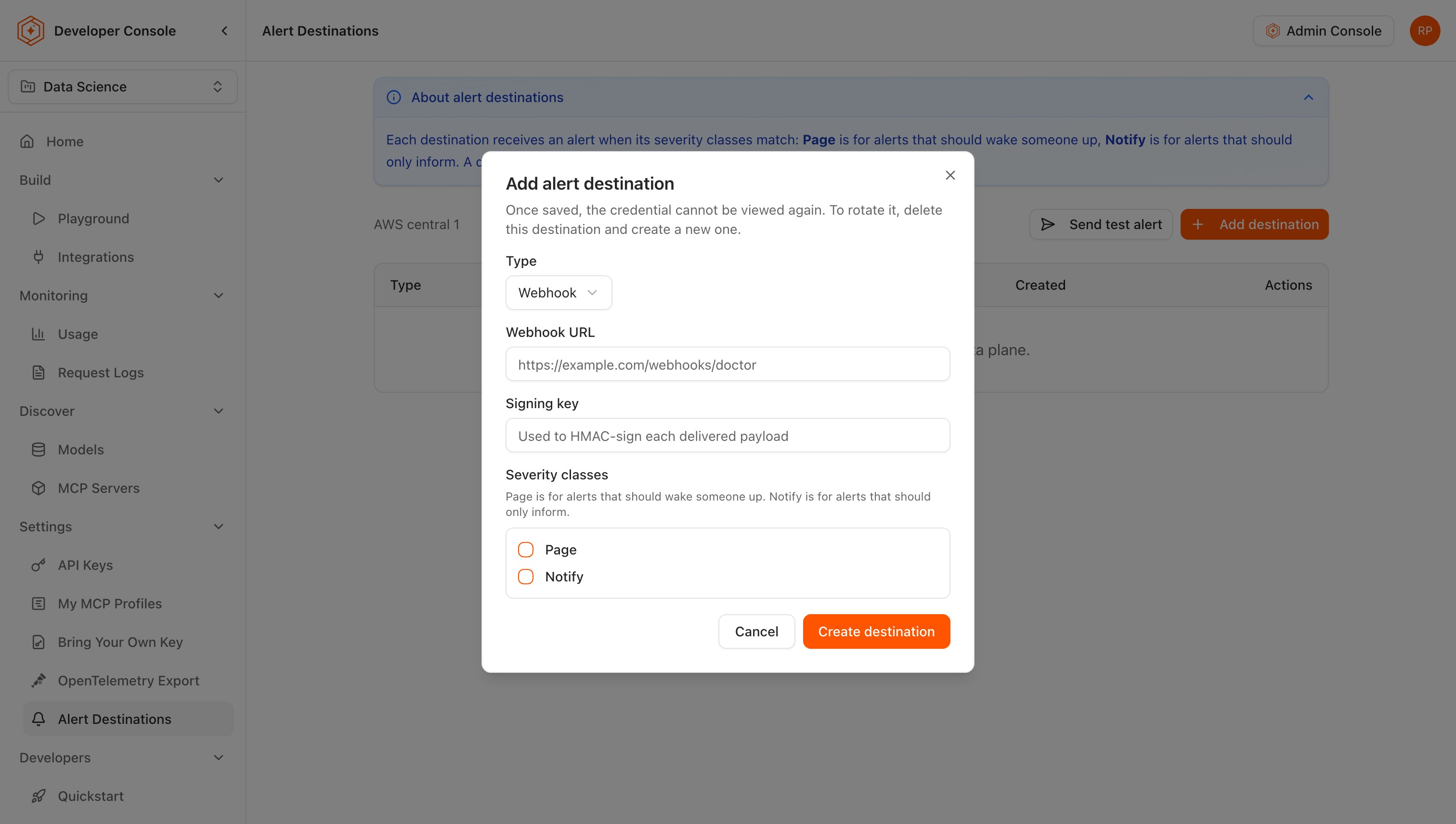 The Add alert destination dialog with Webhook selected, showing the Webhook URL, Signing key, and Severity classes fields