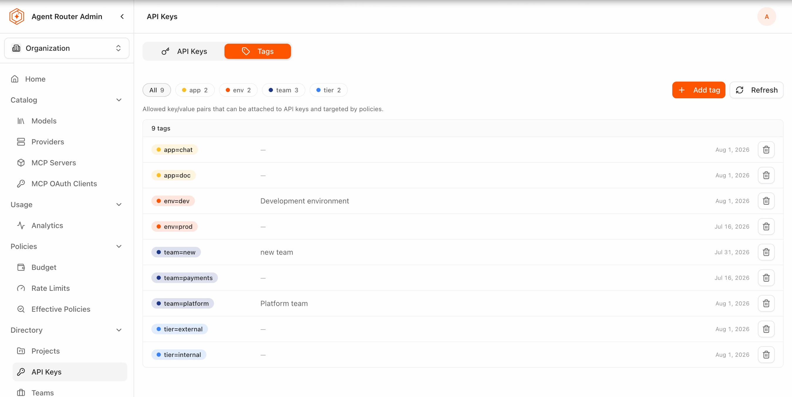 The Tags tab of the API Keys page, listing nine allowed key/value pairs