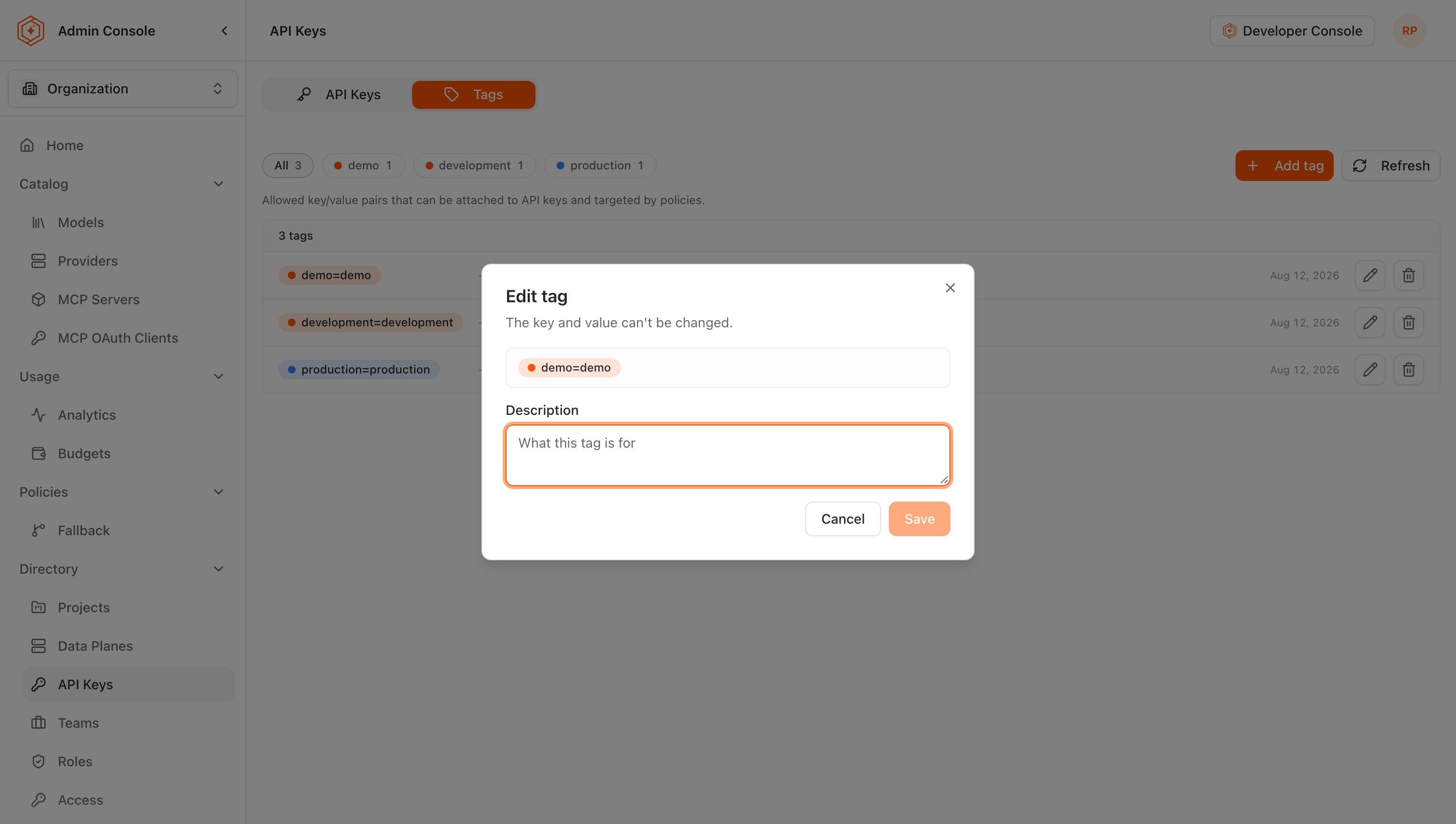 The Edit tag dialog for demo=demo, with the fixed pair chip, an empty Description field, and Save unavailable