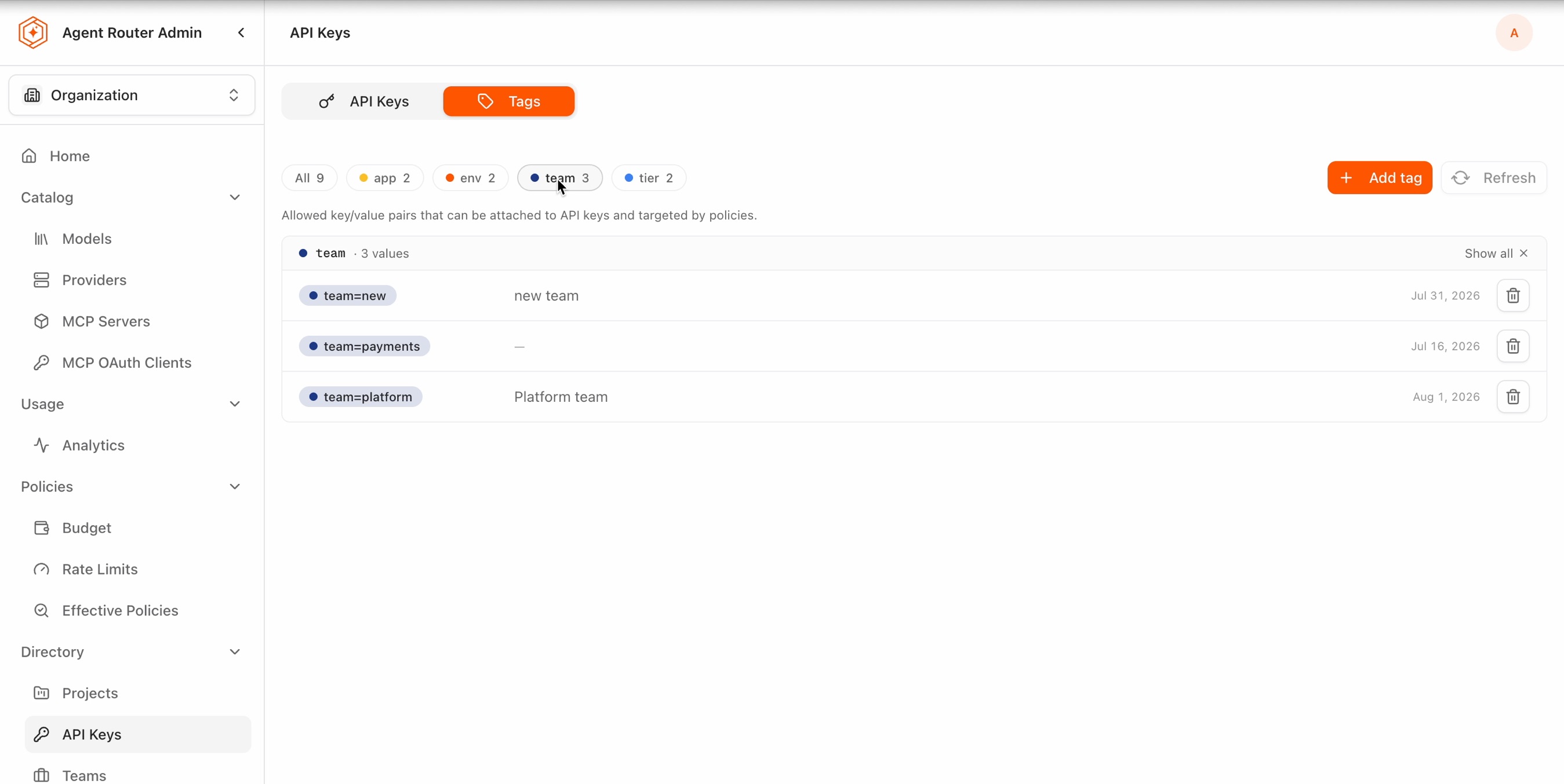 The catalog filtered to the team key, showing three values