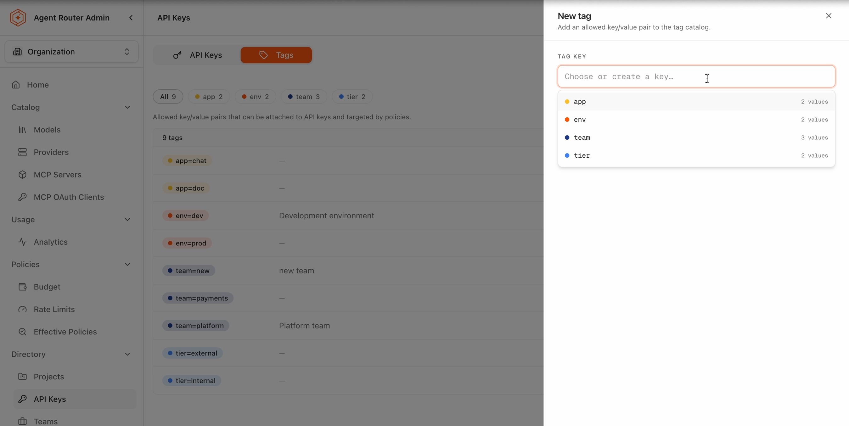 The New tag panel with the tag key combo box open, listing existing keys and their value counts