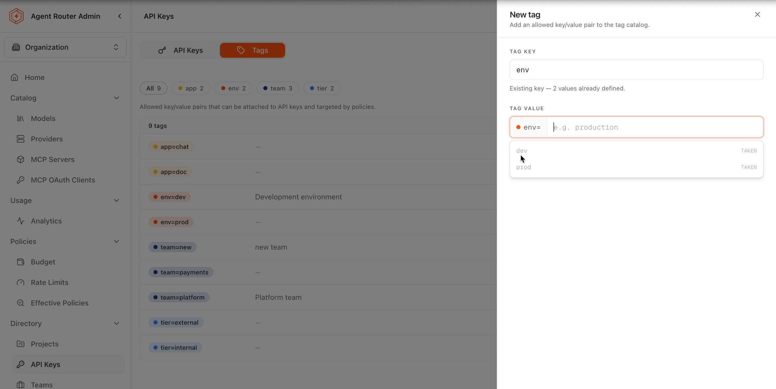 The tag value field suggesting the existing dev and prod values, both marked TAKEN