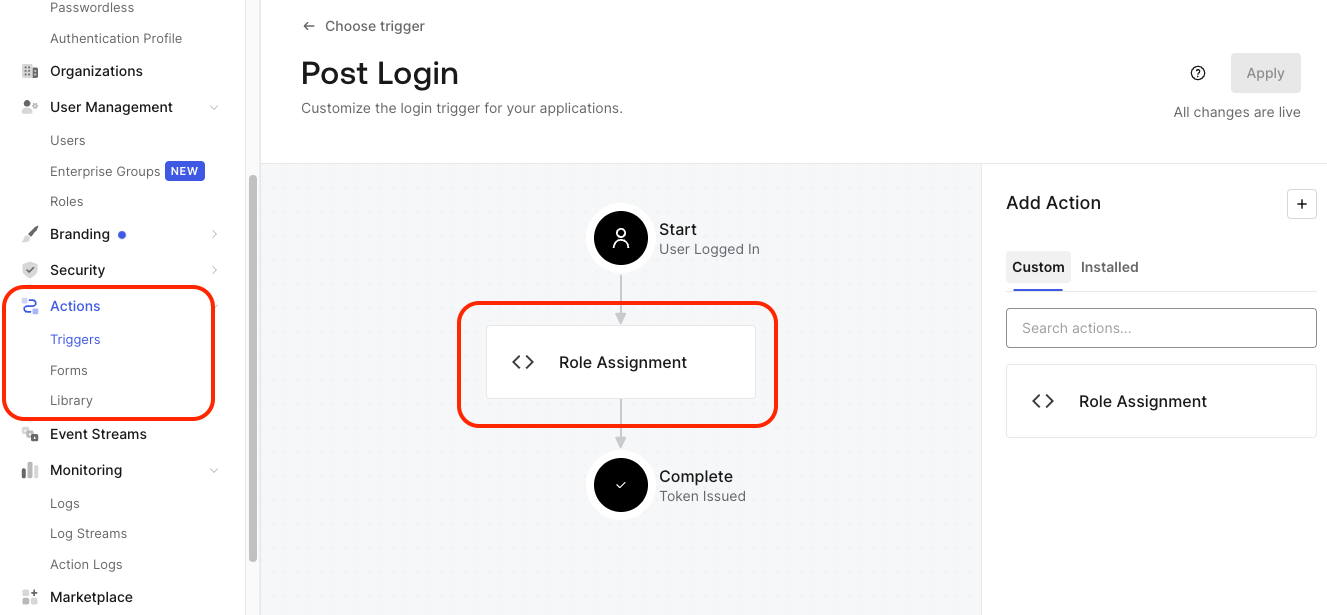 Auth0 Post Login trigger flow with the Role Assignment action placed between the Start and Complete nodes