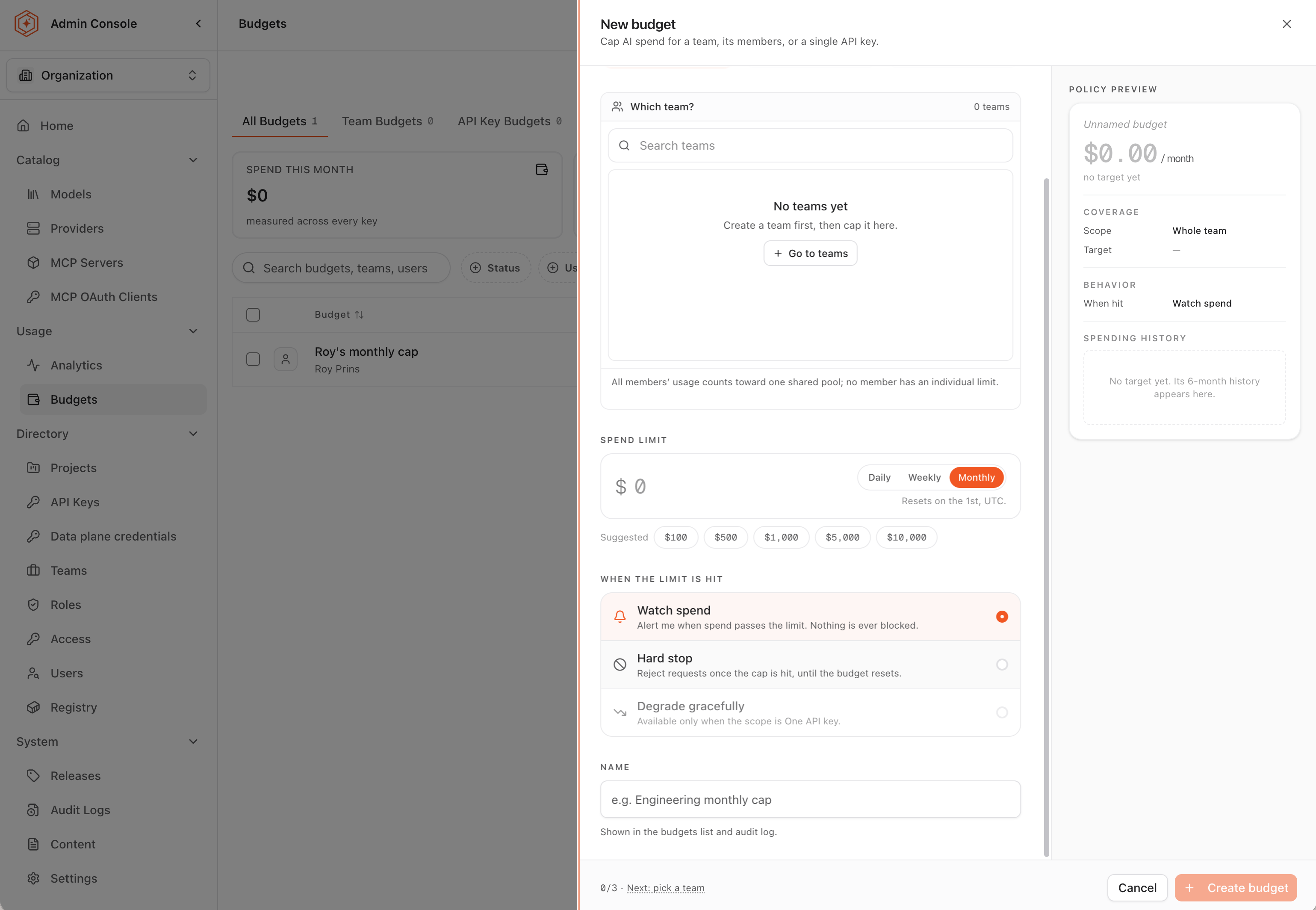 The three actions under When the limit is hit, with Watch spend selected