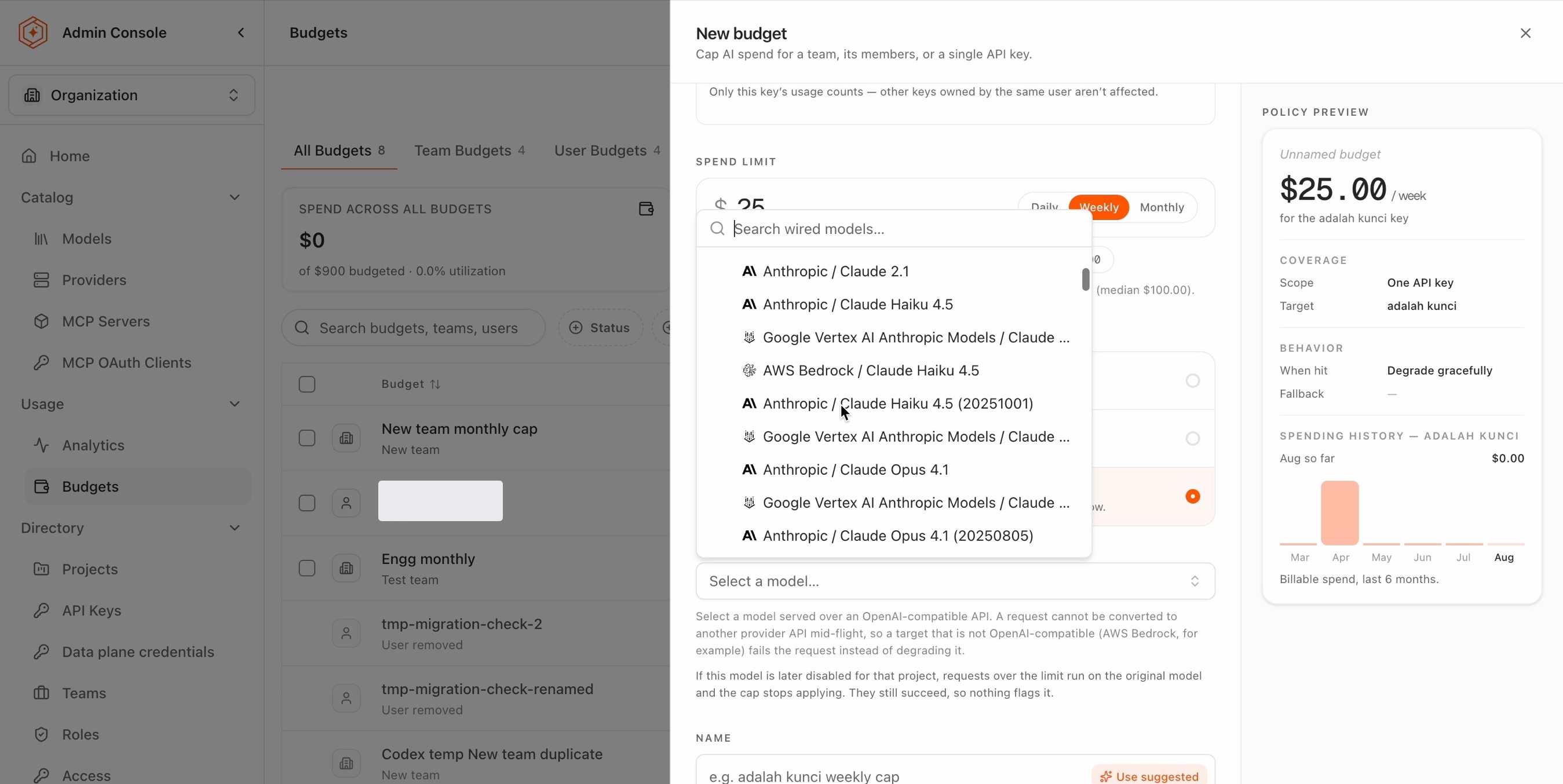 The fallback model picker, offering models served over an OpenAI-compatible API