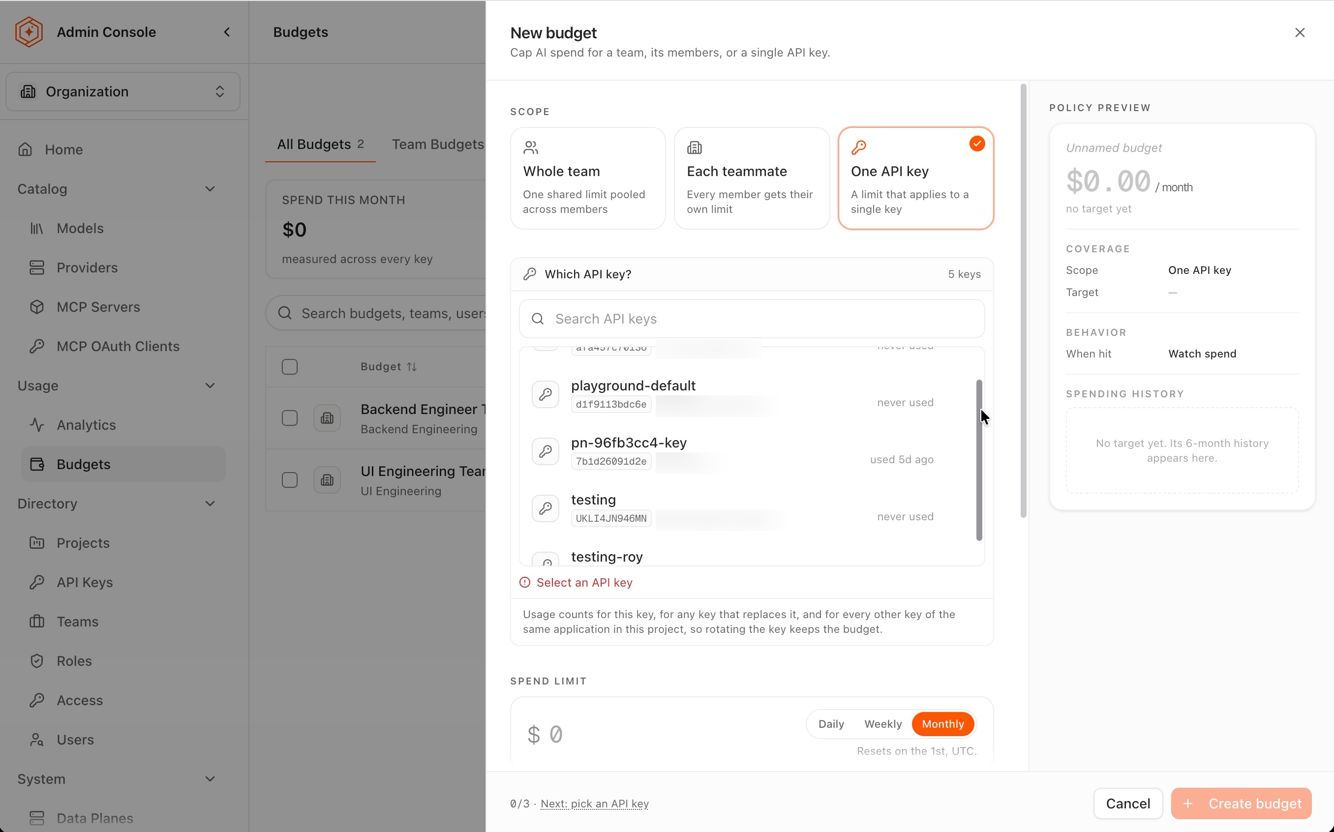 The One API key scope with the key picker listing keys by identifier, owner, and last use