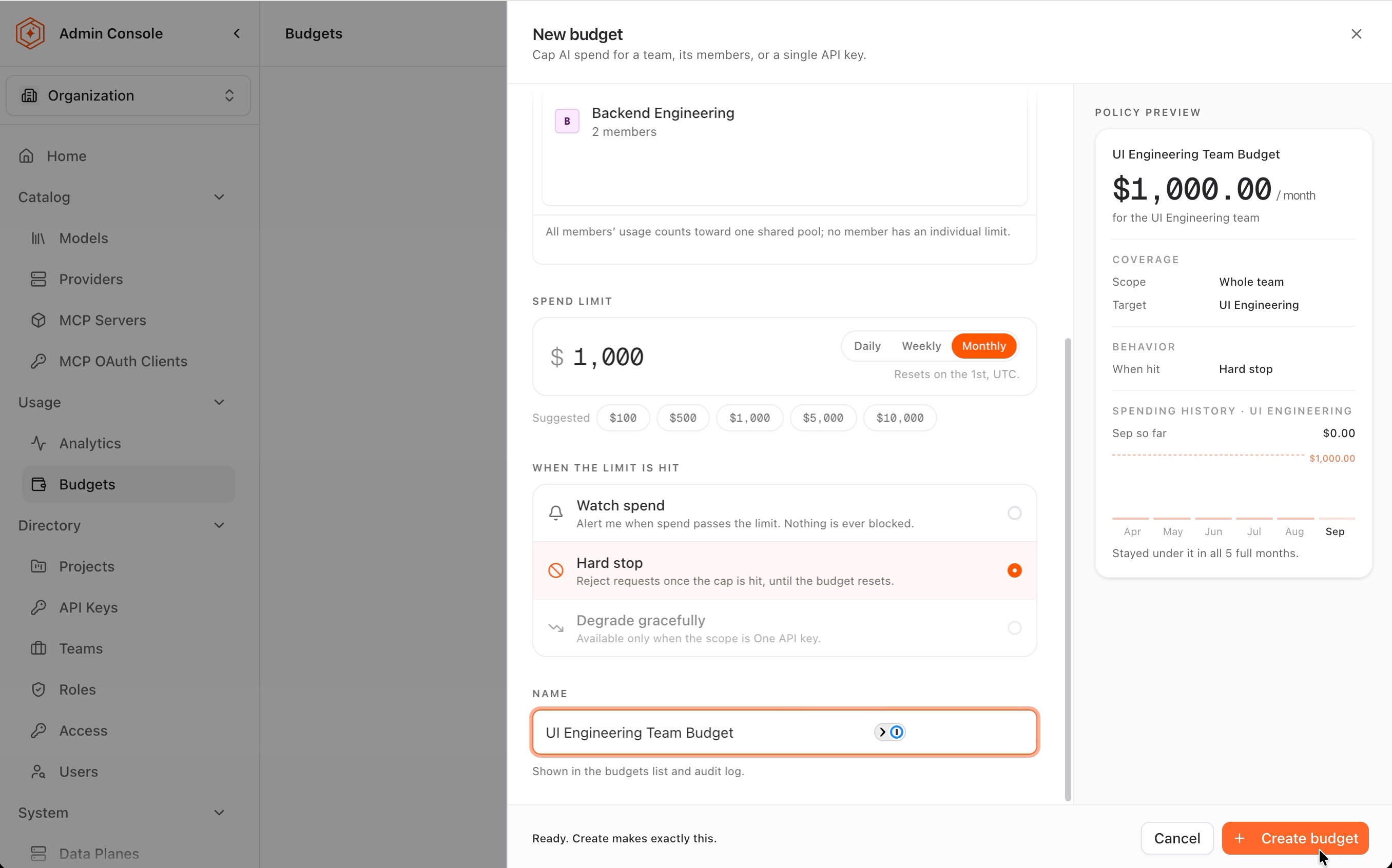 The completed team budget form with a monthly limit of $1,000 and Hard stop selected