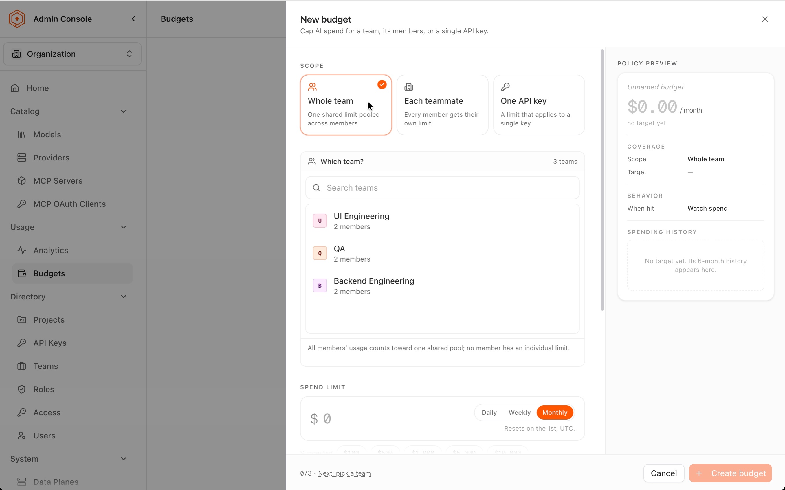 The New budget drawer with the Whole team scope selected and the team picker listing three teams