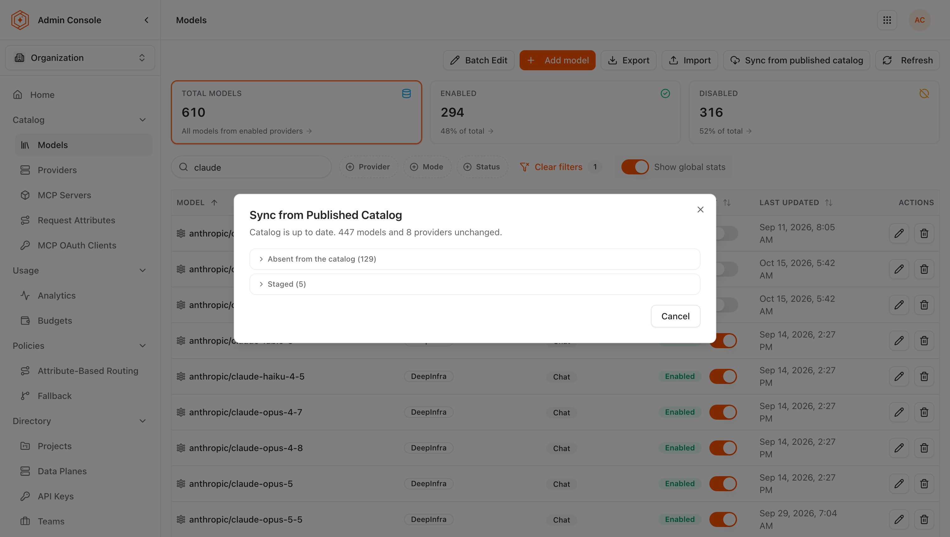 The Sync from Published Catalog preview for a catalog that is already up to date, with the Absent from the catalog and Staged sections