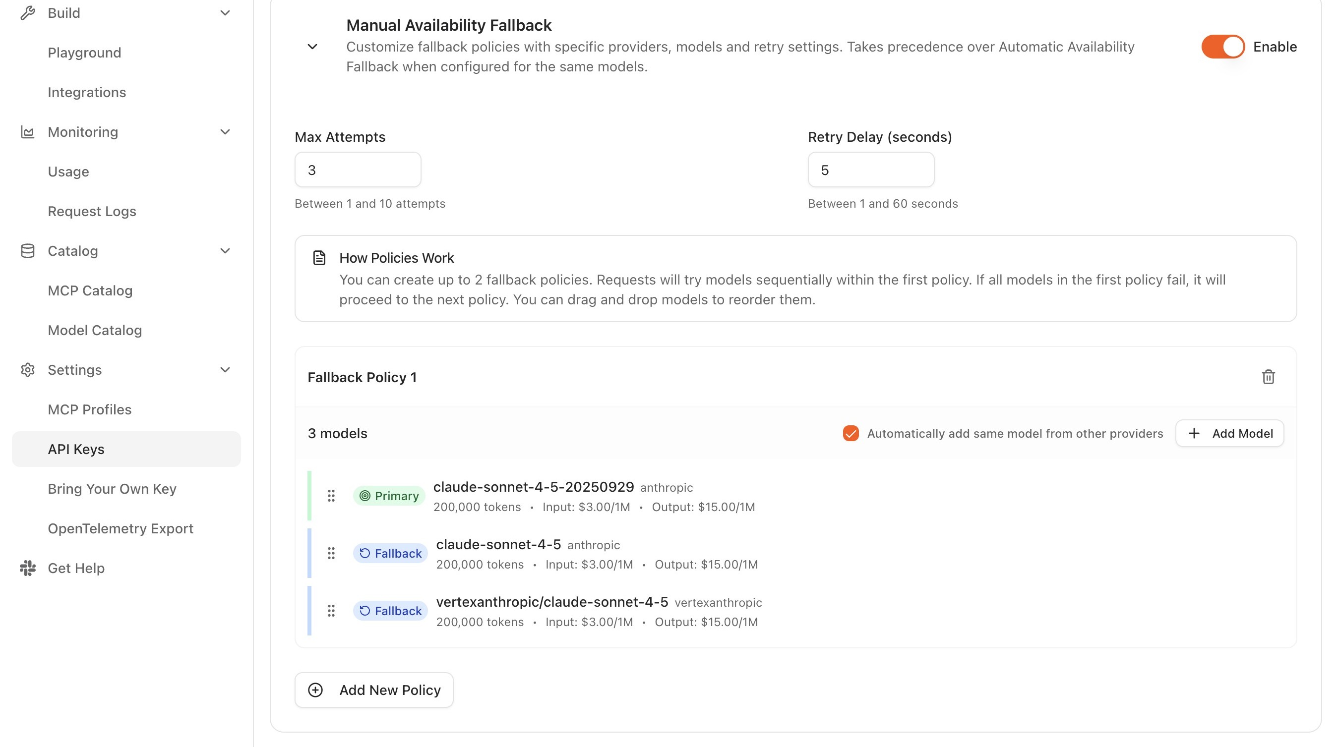 Fallback policy configuration