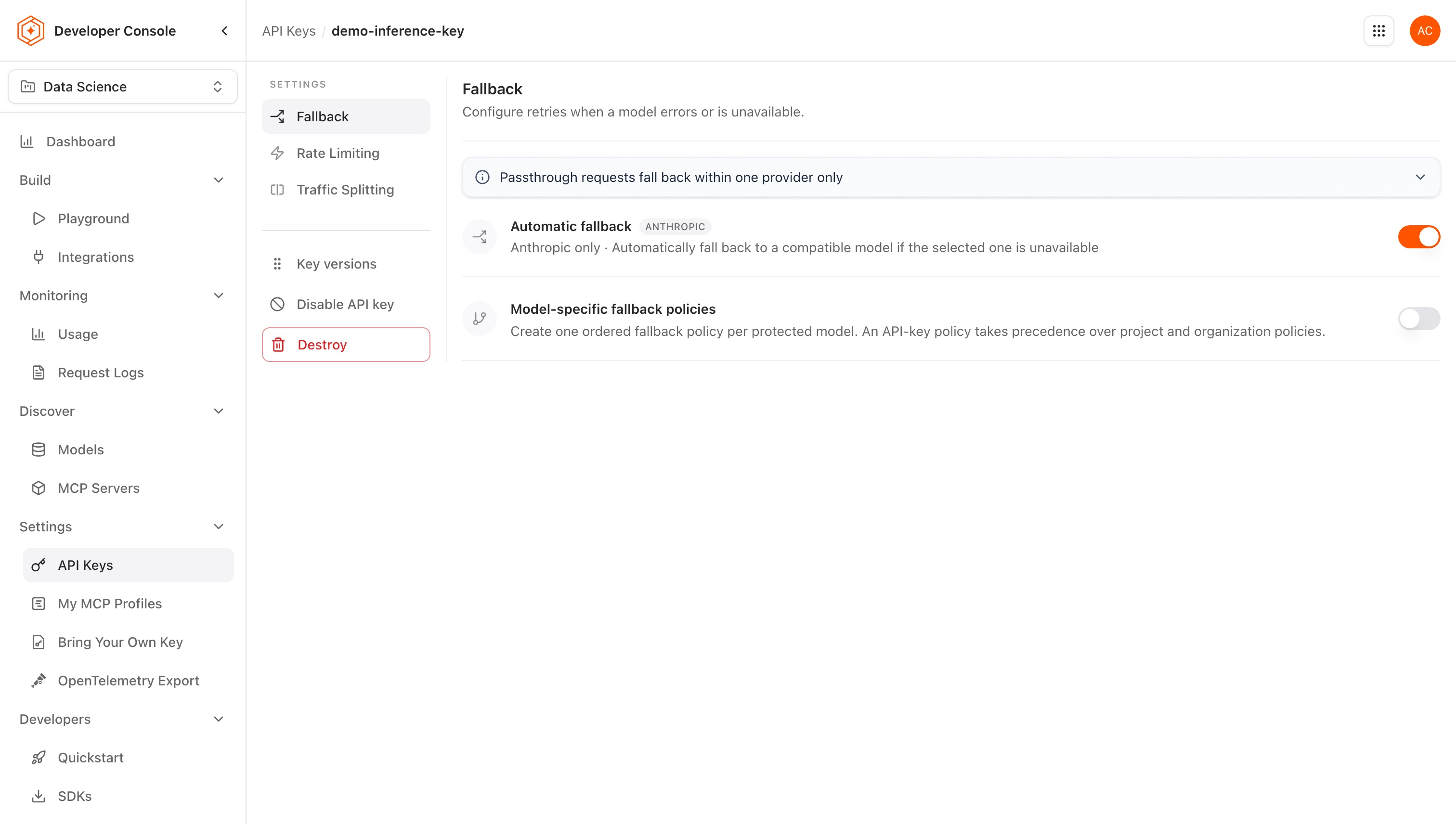 The three routing sections on an API key, each with its own Enable toggle