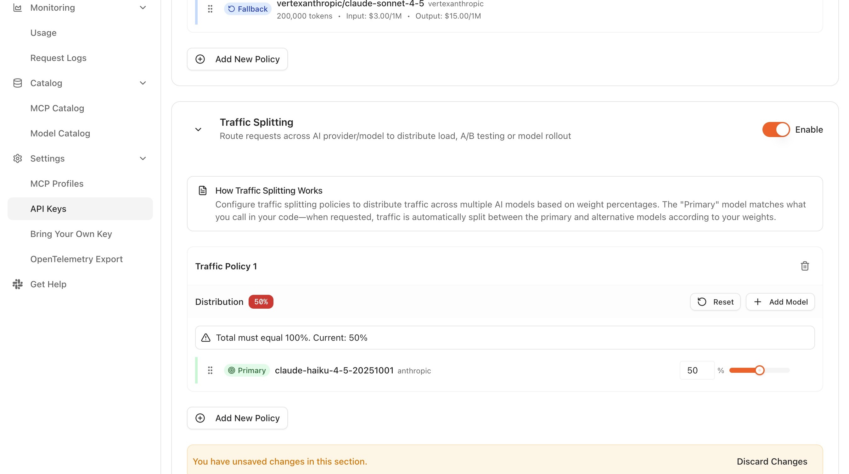 Traffic splitting configuration
