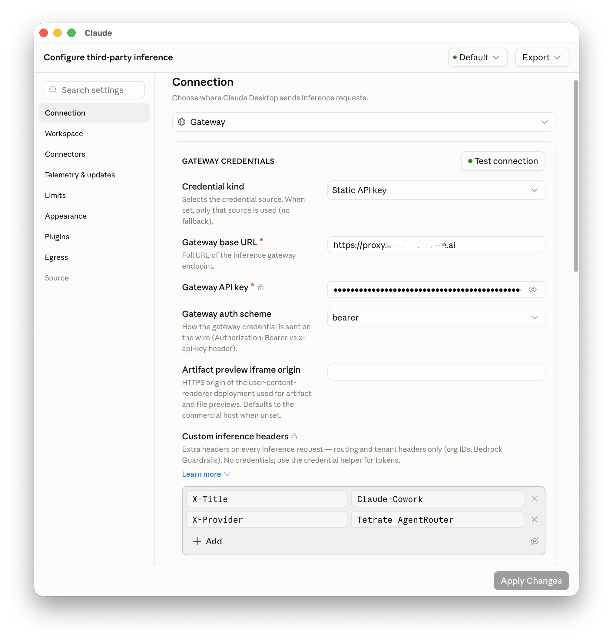 The Configure third-party inference dialog with gateway credentials filled in