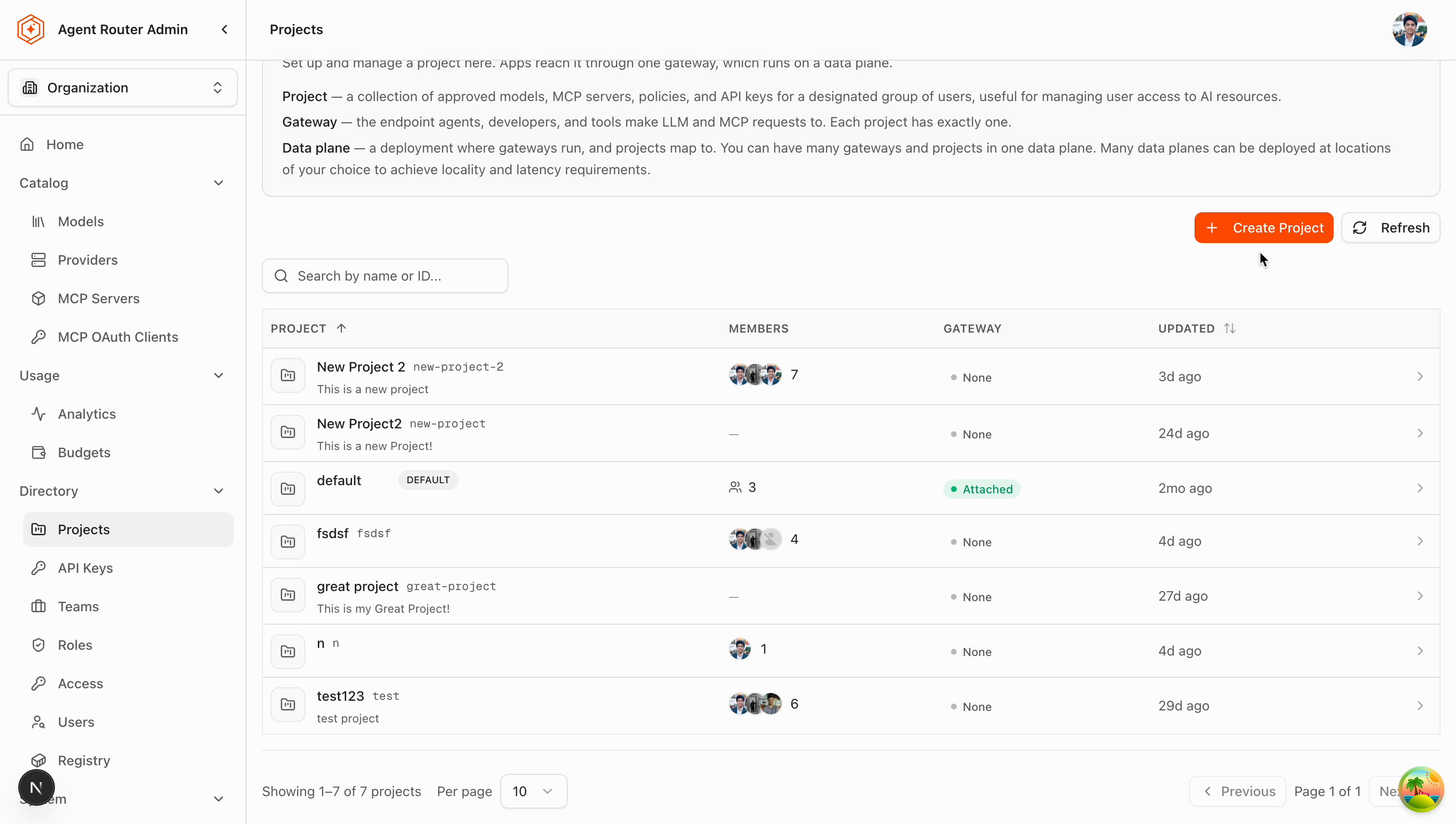Projects page with the Create Project button
