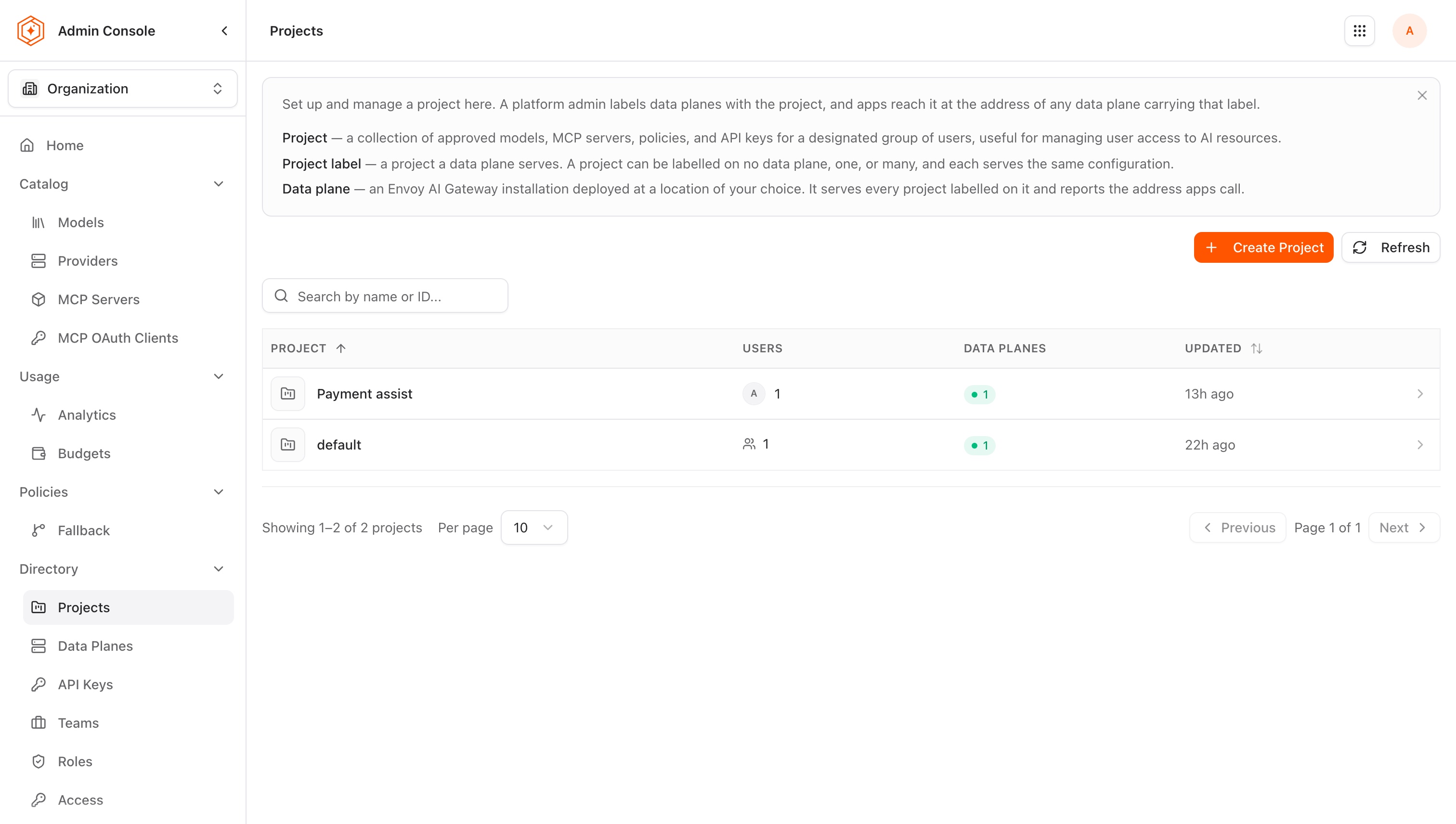 Projects page with the Create Project button