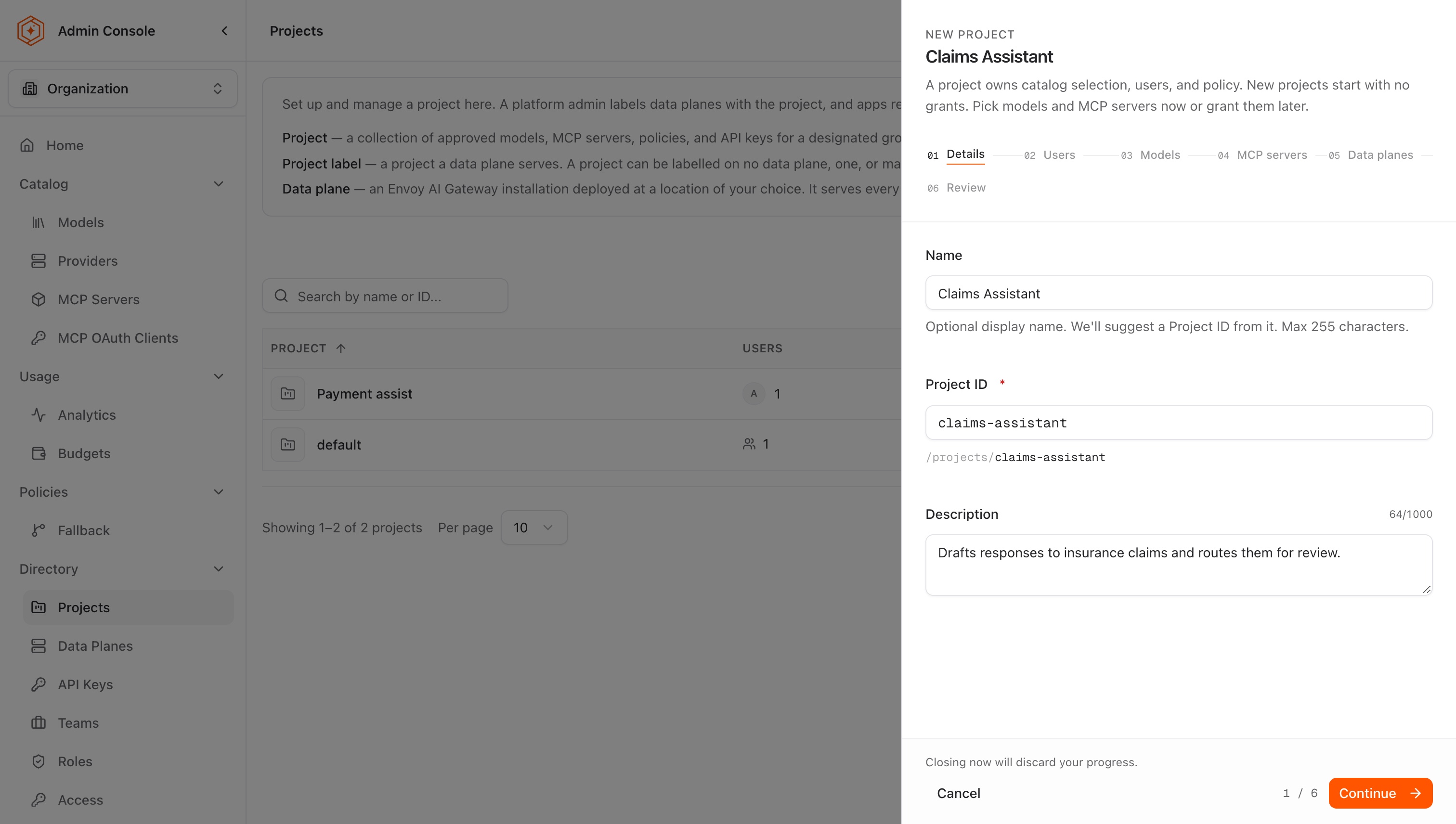 Details step with name, project ID, and description