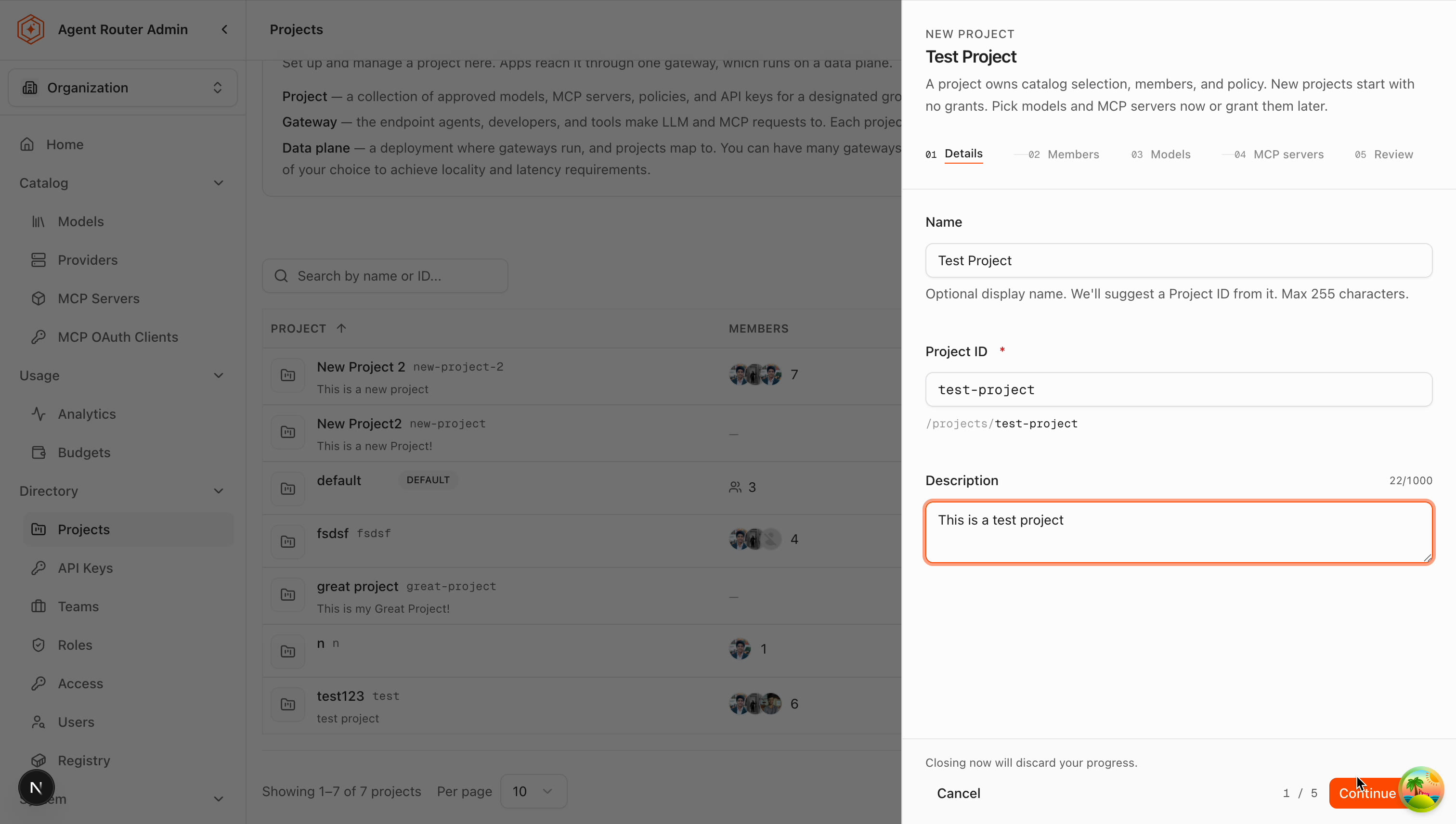 Details step with name, project ID, and description