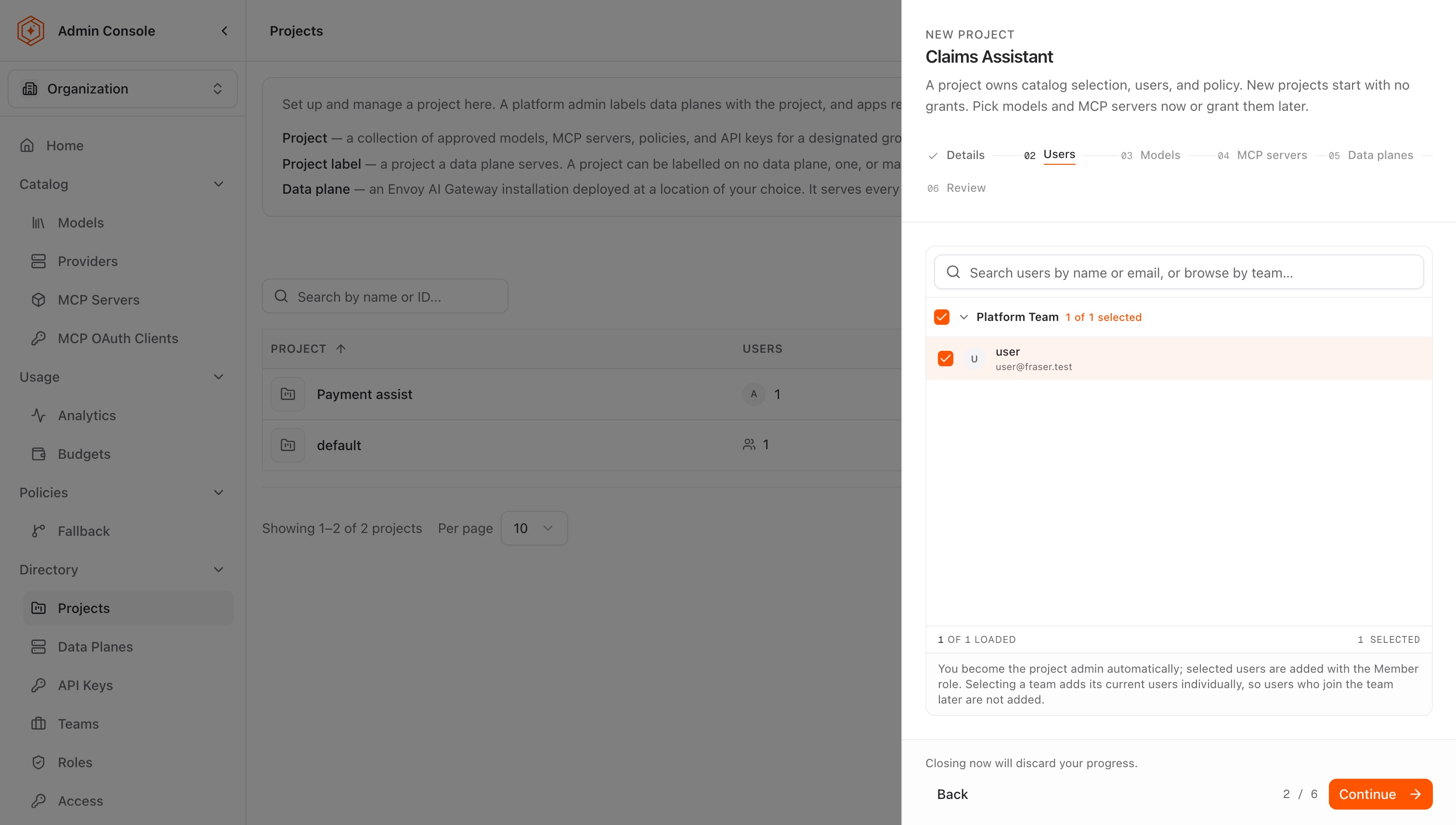 Members step with users and teams selected