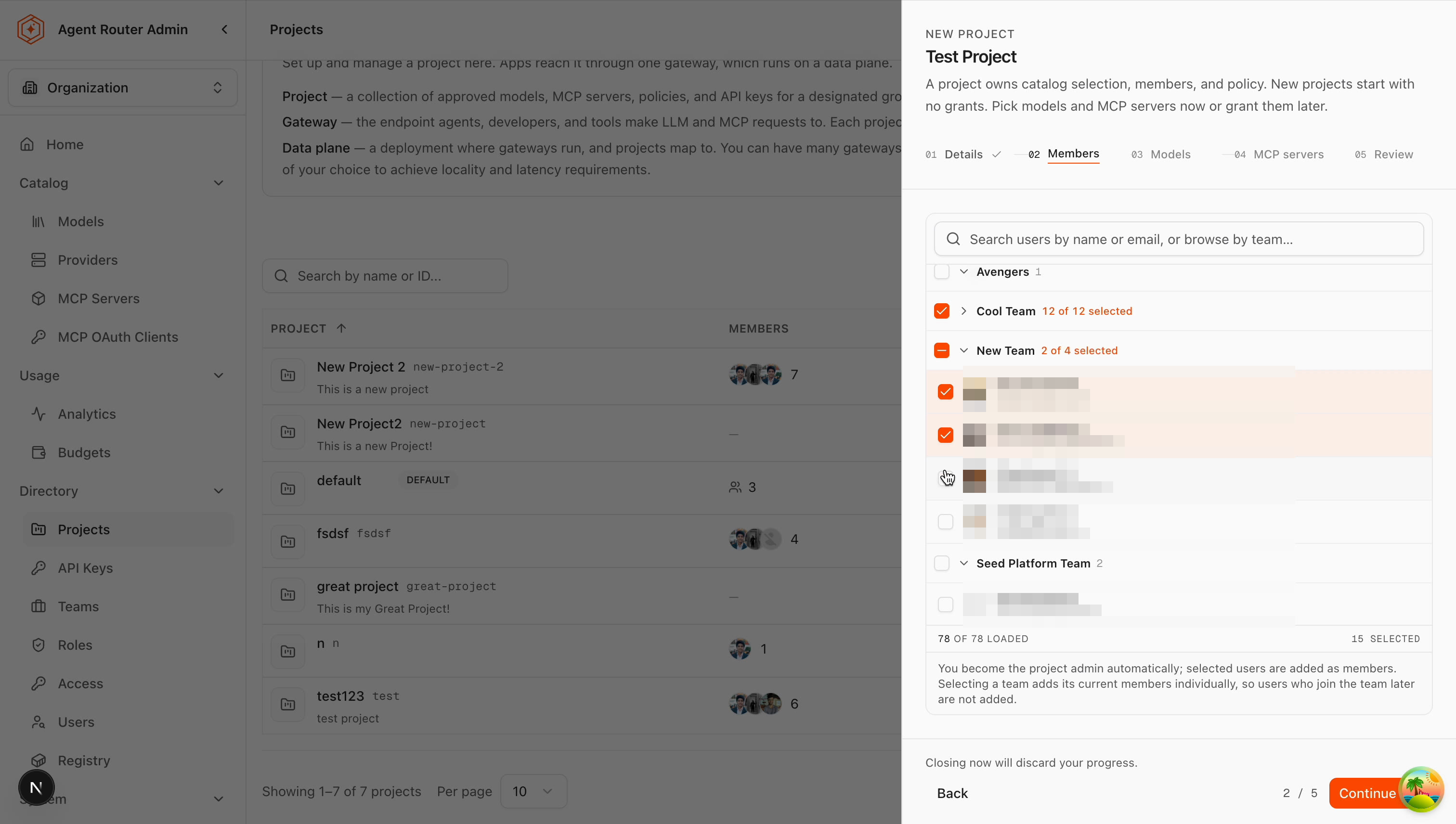 Members step with users and teams selected