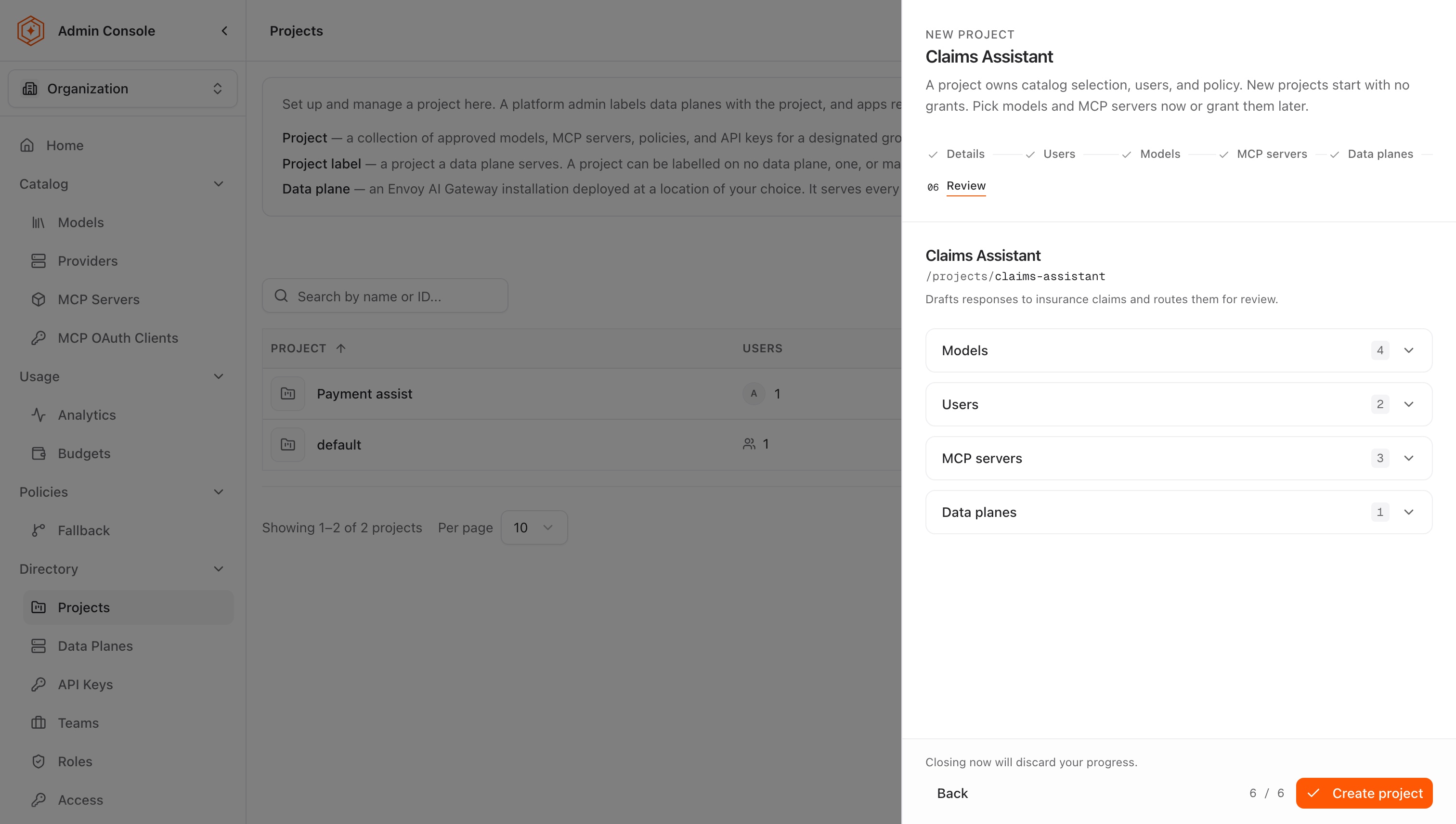 Review step summarizing models, members, and MCP servers
