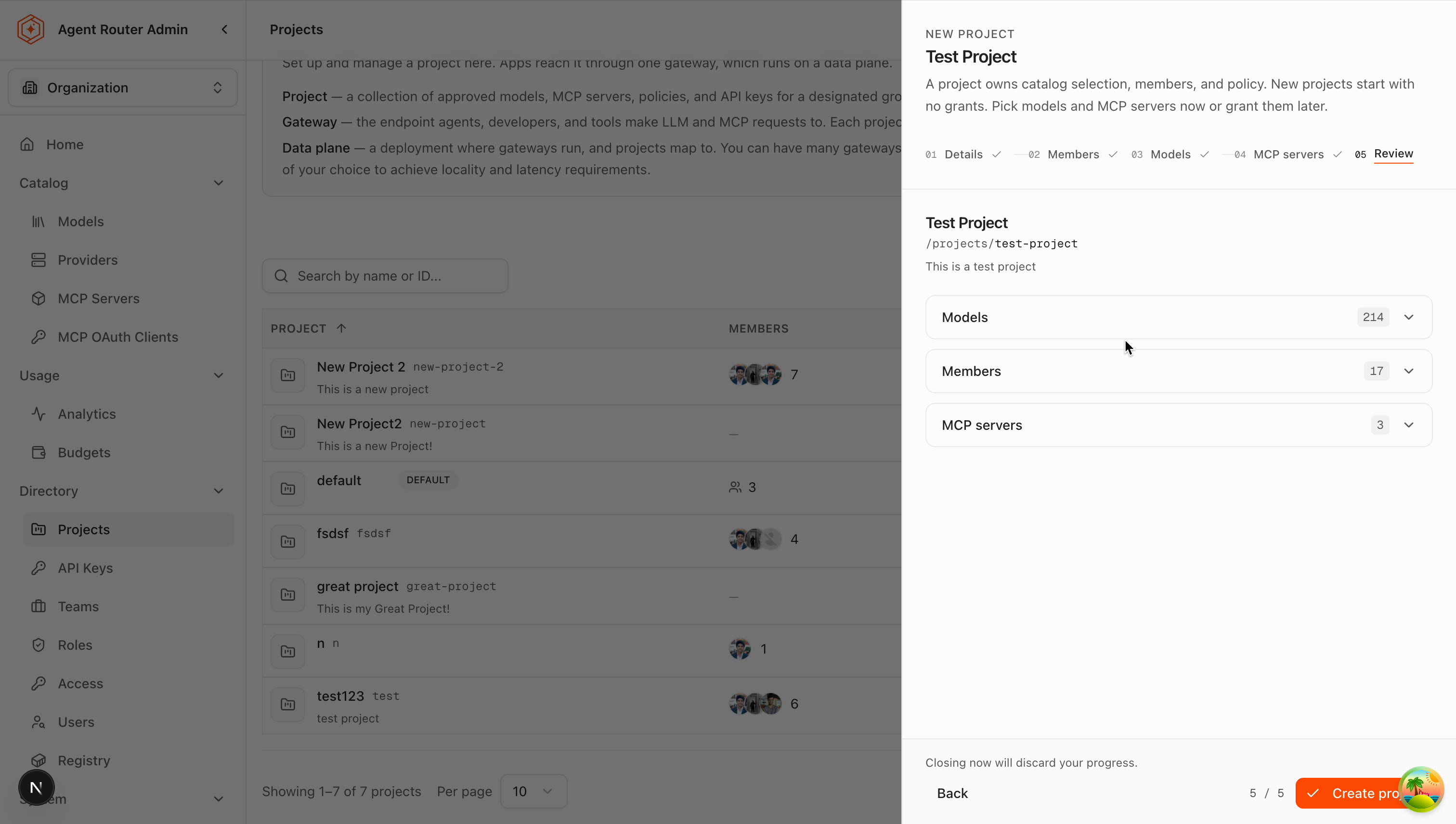 Review step summarising models, members, and MCP servers
