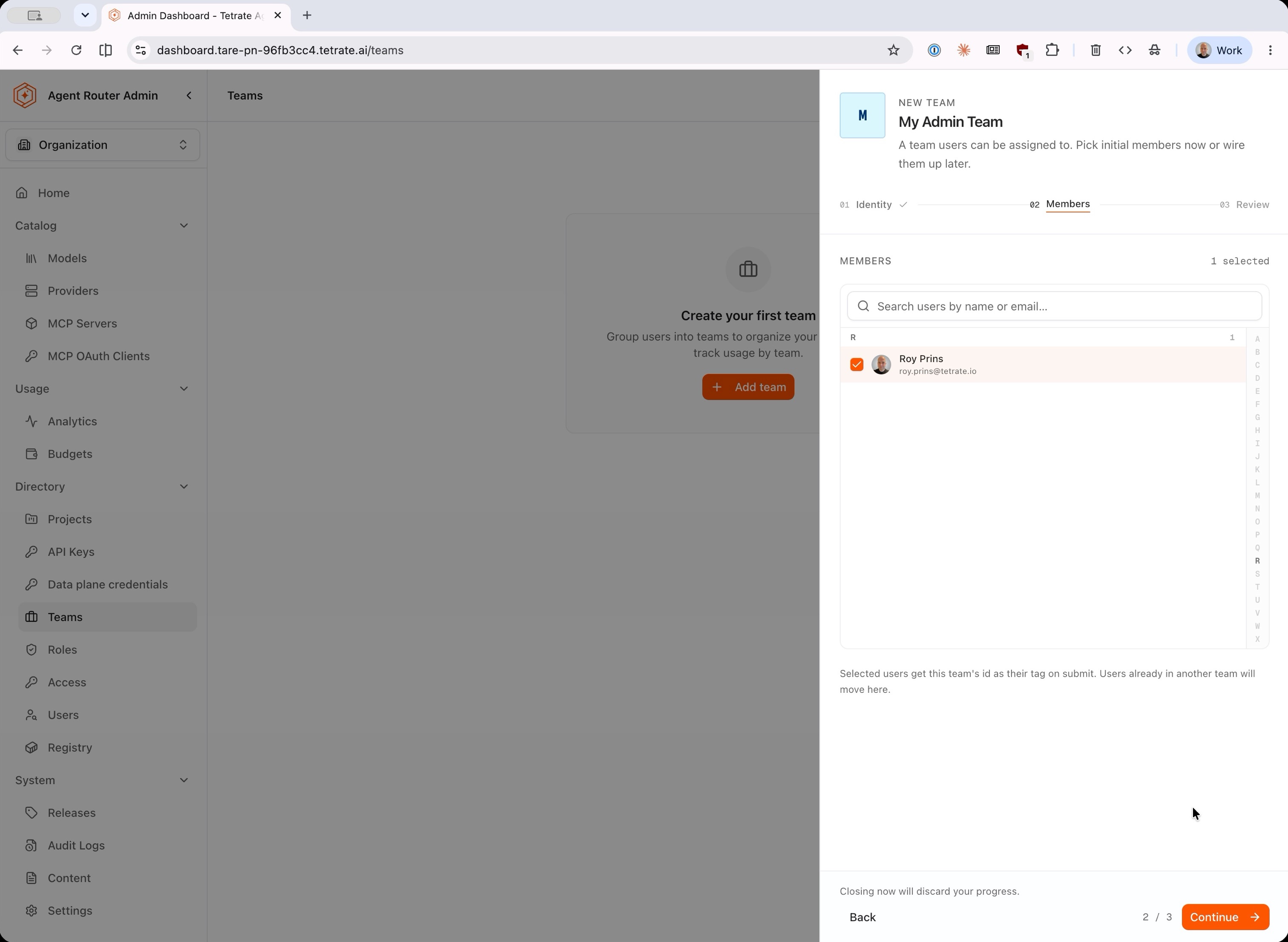 Members step of the New Team wizard with one user selected