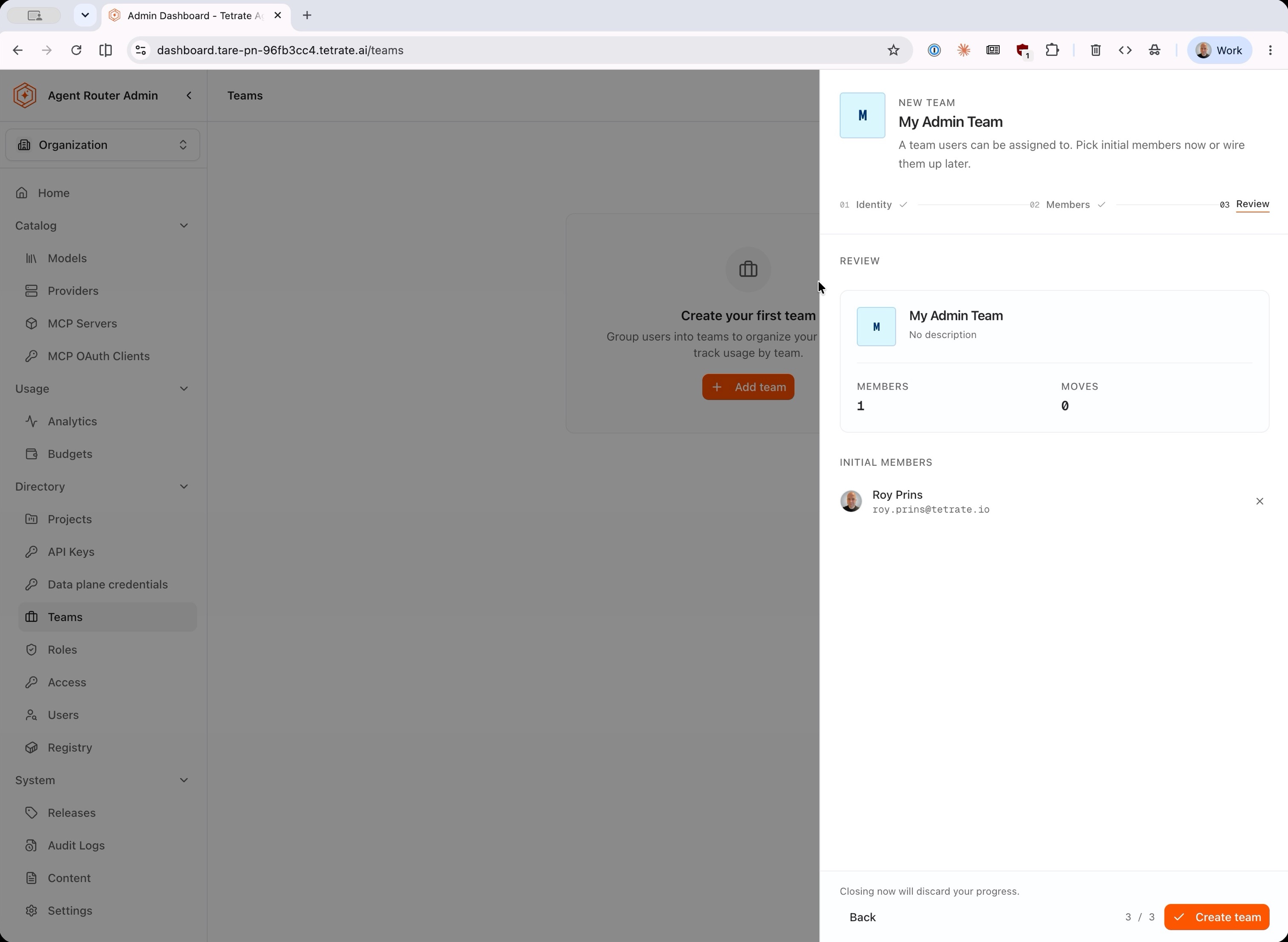 Review step of the New Team wizard showing the members and moves counts