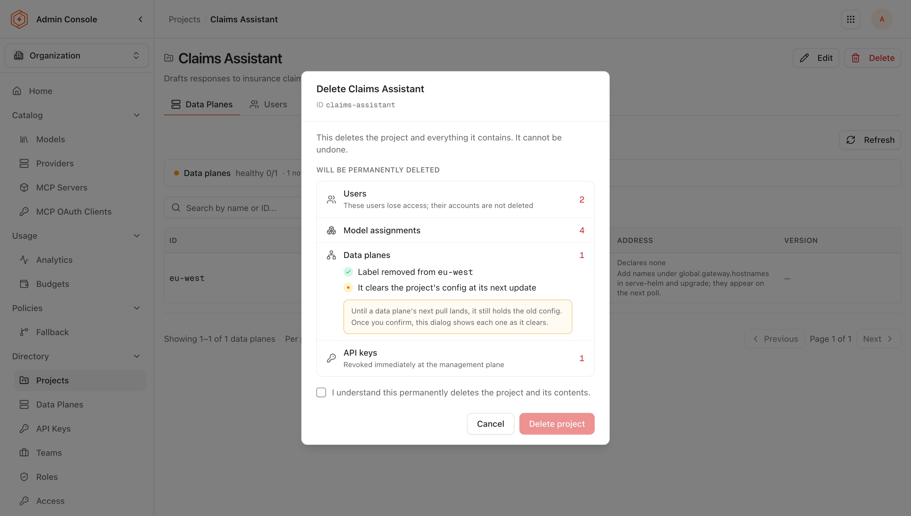 Delete project confirmation dialog